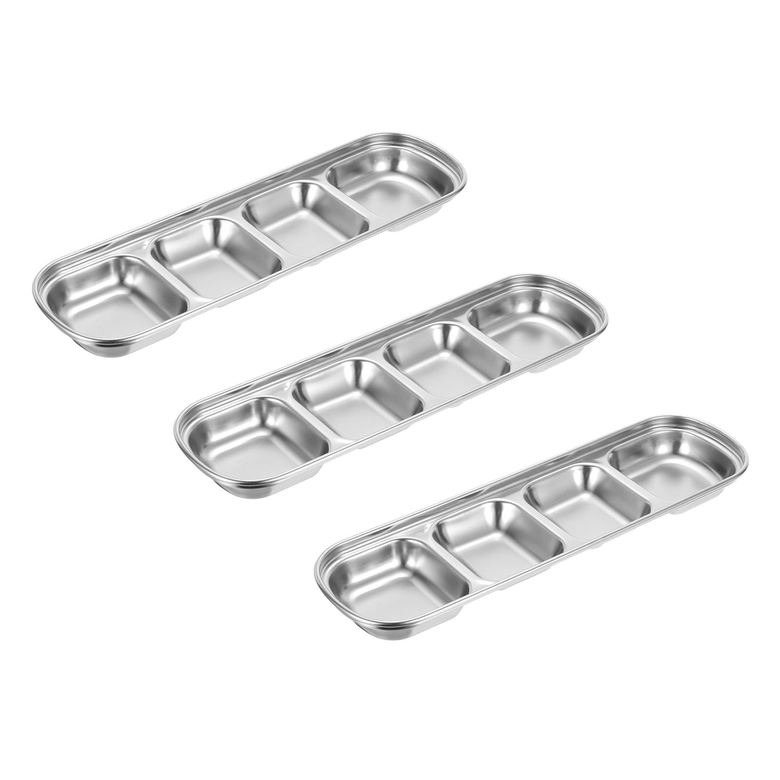 Unique Bargains 3pcs Stainless Steel Sauce Dish Dipping Bowls with 4 Compartment Divided Metal Seasoning Plate Dipping Bowl for Sauce or Dressing Silver