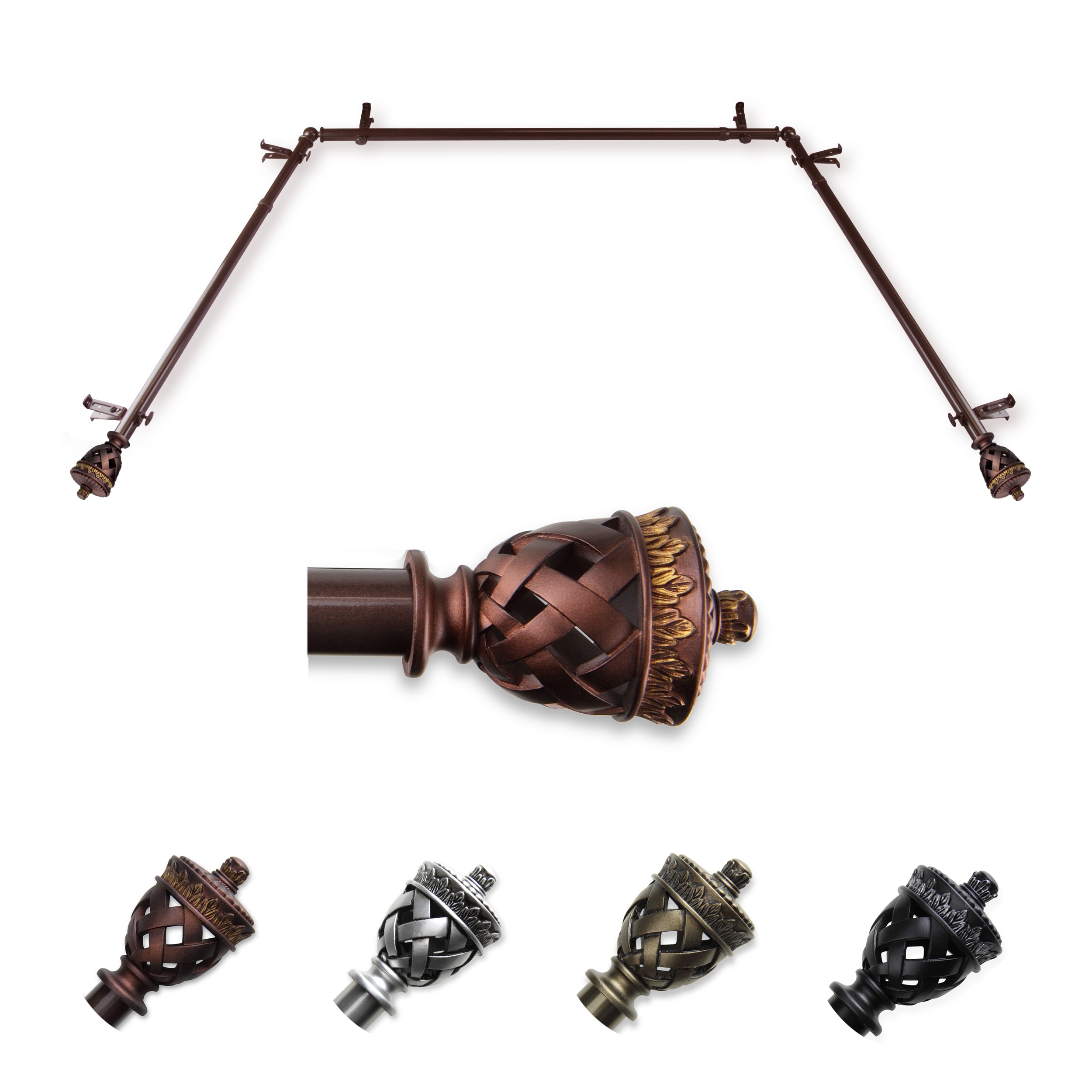Hart & Harlow L-ABAY-94-7 Pia 13/16-in Bay Cocoa Steel Bay window curtain rod with Finials