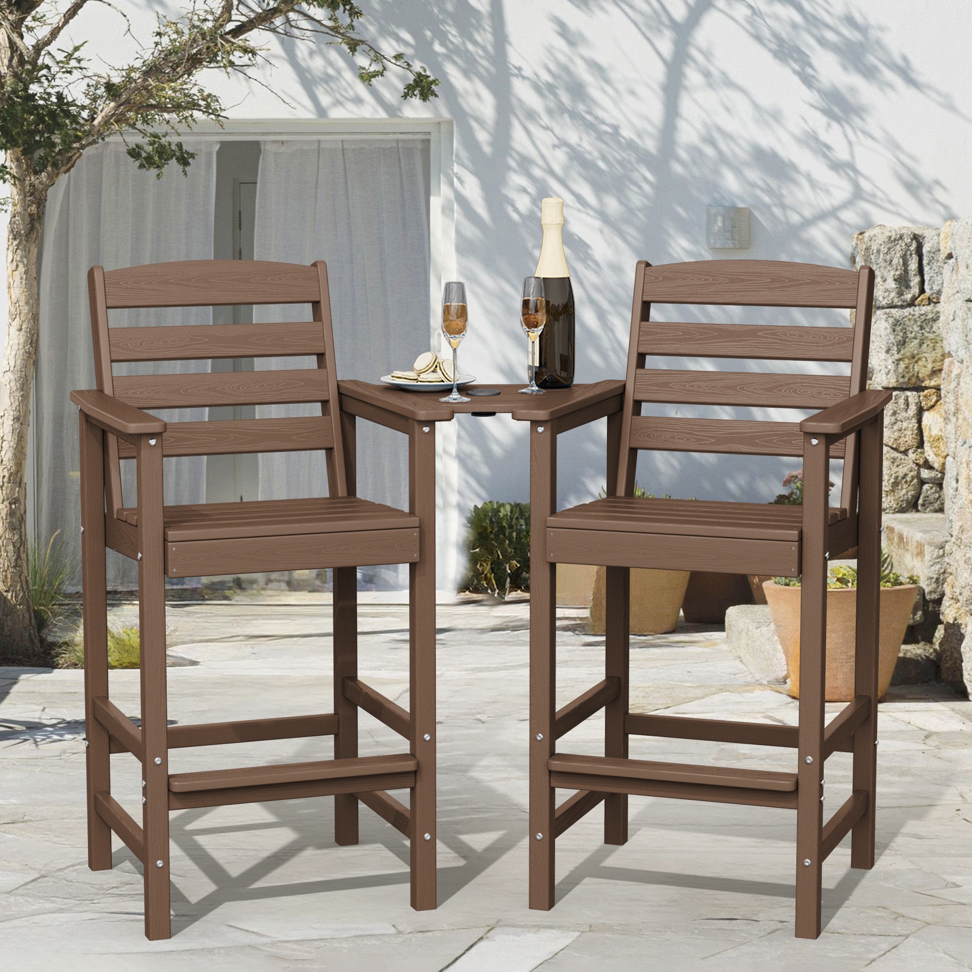 JEAREY GYCY-LB Tall Bar Chairs Set for Two with Detachable Connecting Tray Set of 2 Brown HDPE Frame Stationary Adirondack Chair with Slat Seat