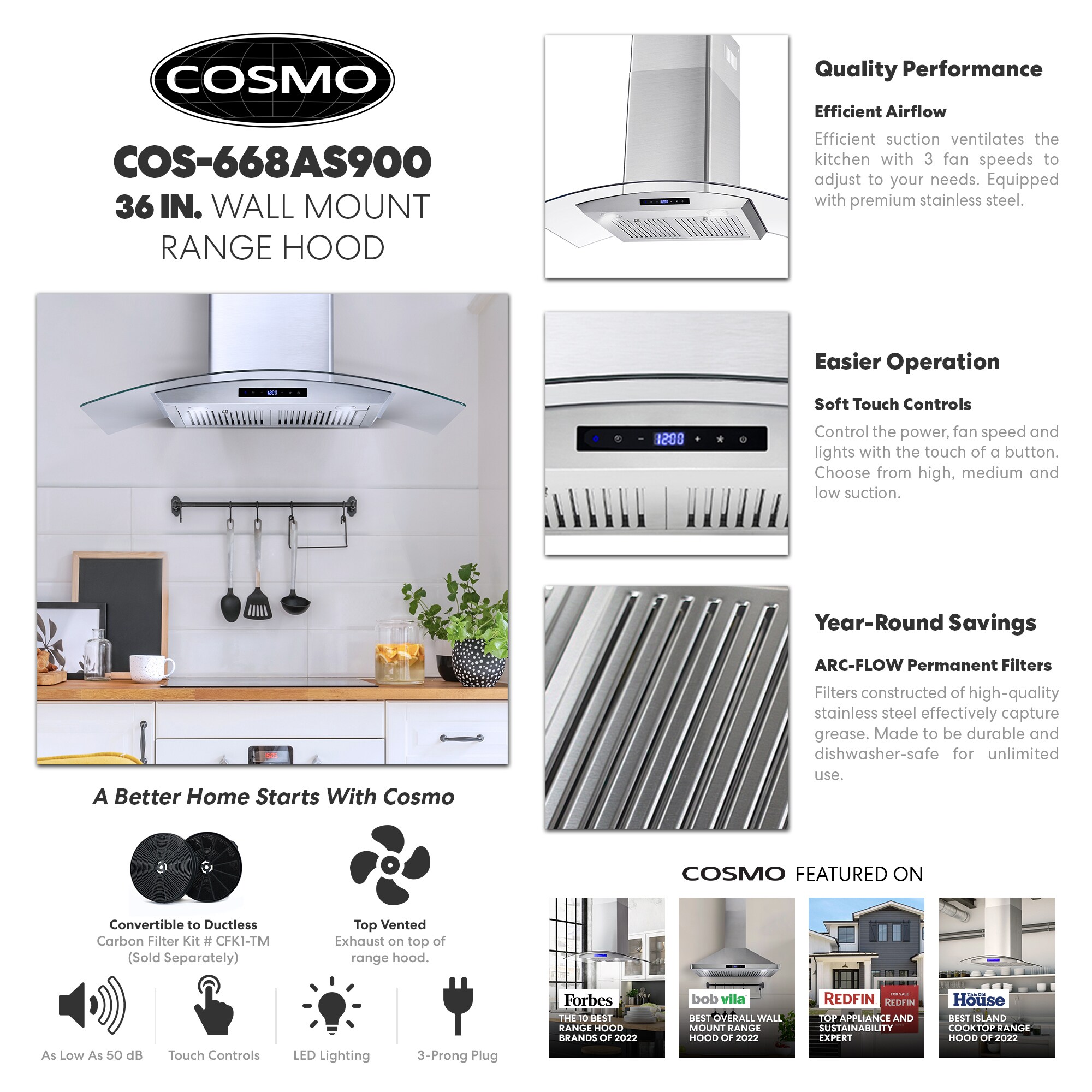 Cosmo 668A900 36-Inch Stainless Steel Wall Mount Range Hood