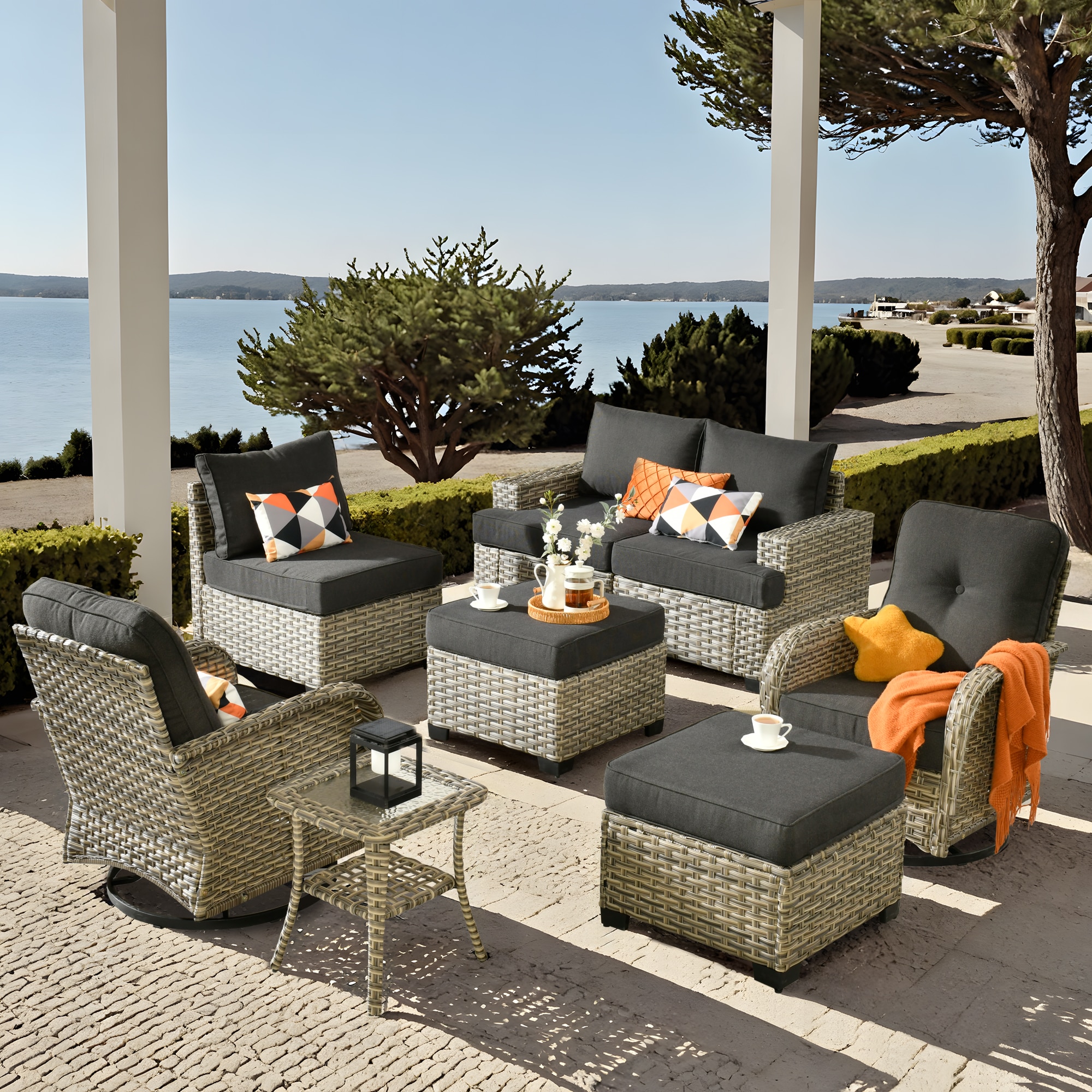 Pouuin SVYZBS100-6 7 -Piece Wicker Patio Conversation Set with Black Cushions
