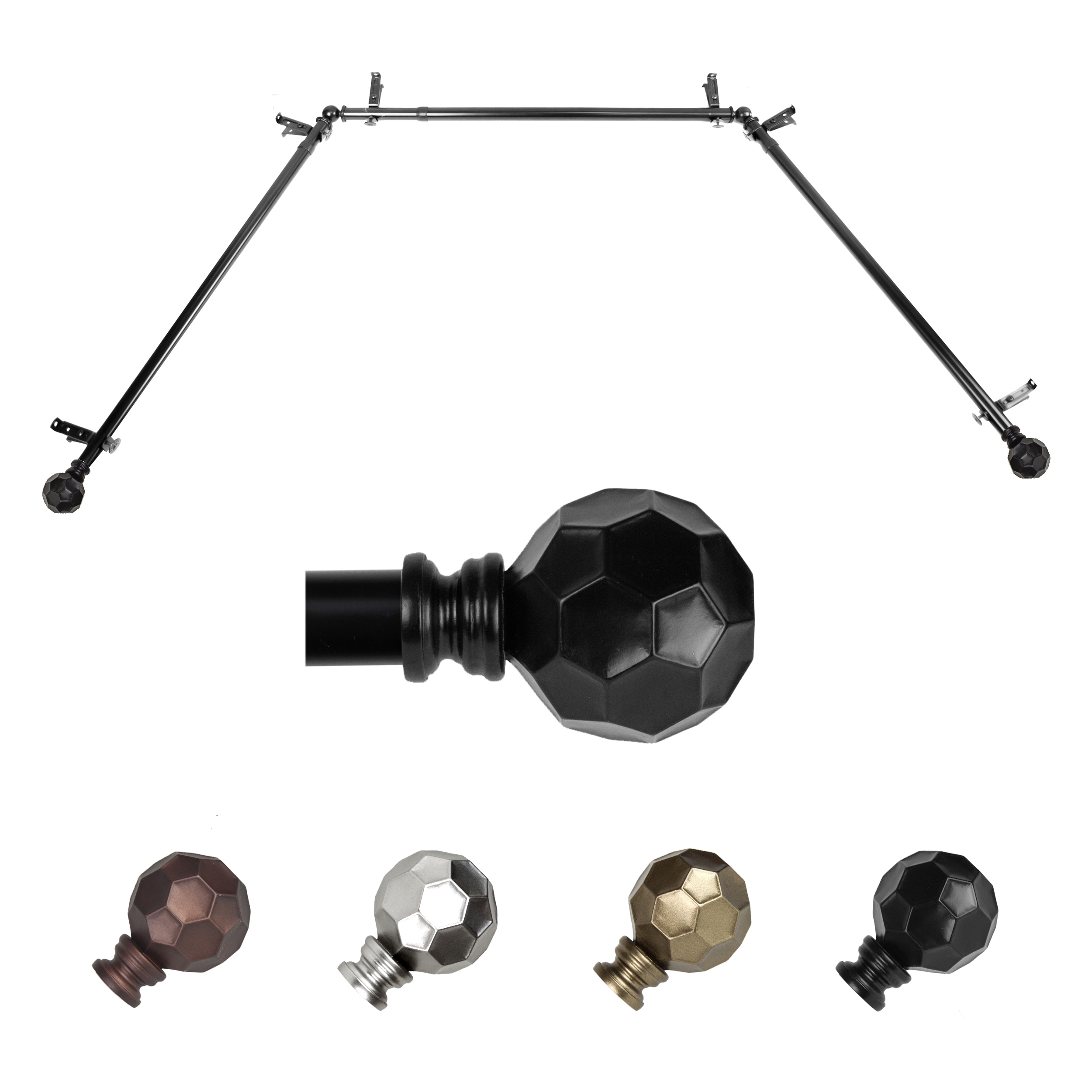 Hart & Harlow LO-ABAY-90-2 72-in to 144-in Black Steel Bay window curtain rod with Finials