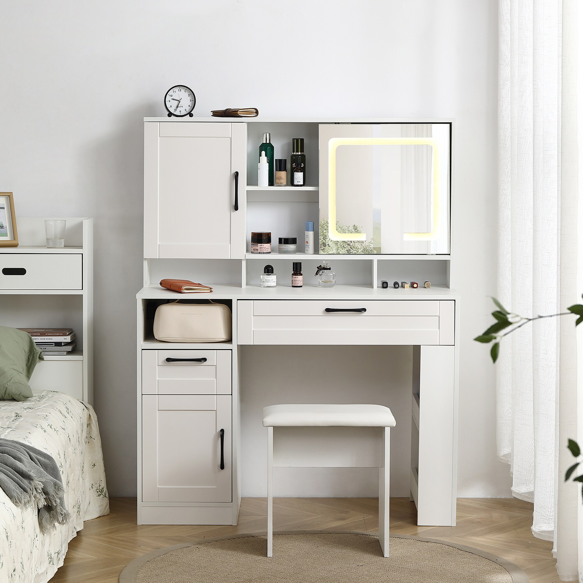 Mondawe Contemporary White LED Lighted Vanity Desk with Large Mirror ...