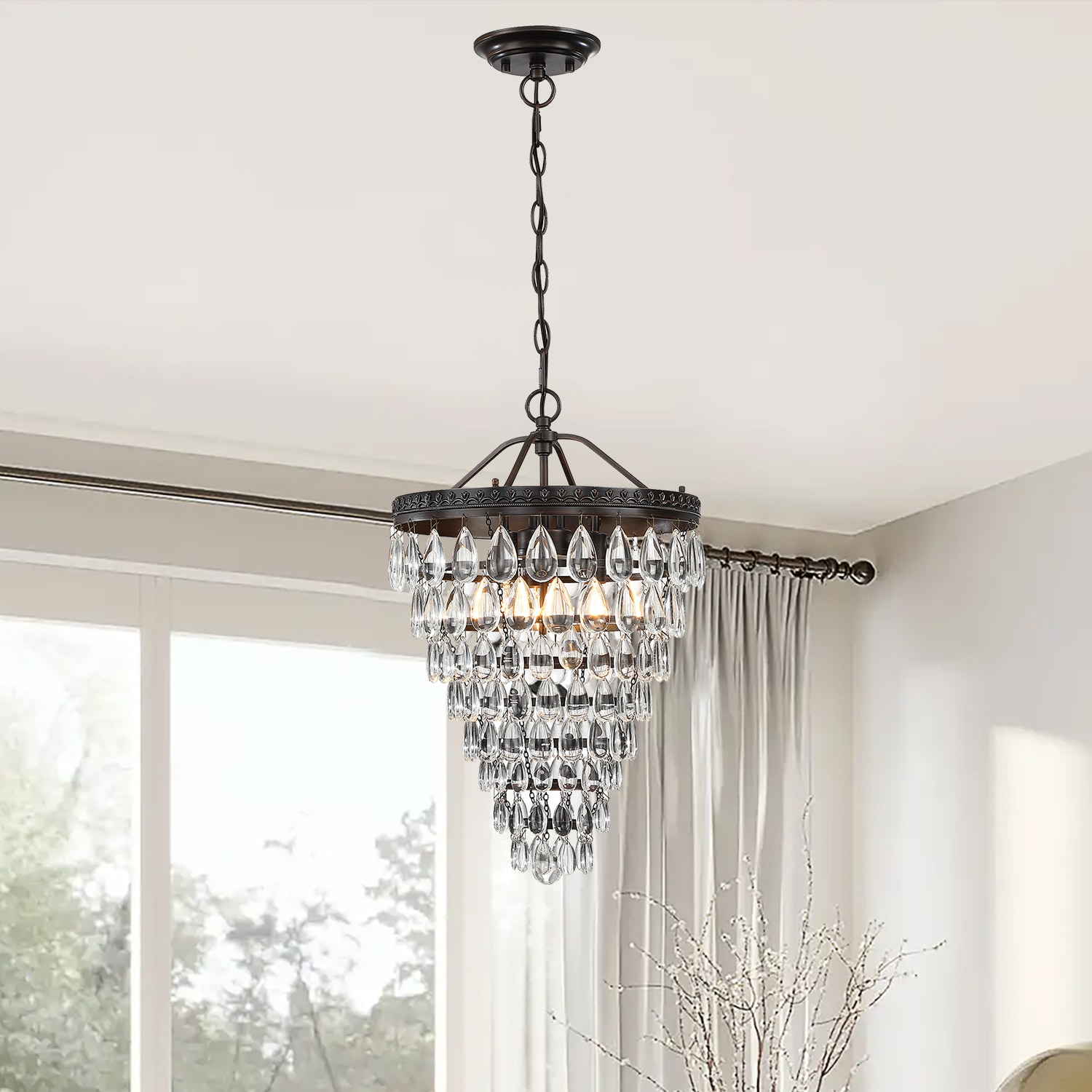 Black Crystal Tiered Pendant Chandelier with Glass Accents
