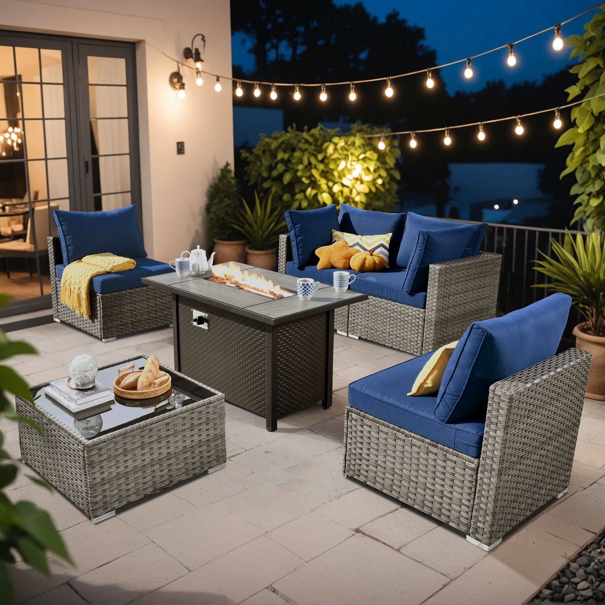 XIZZI XIHOPS7053-IFP Sunrise 6 -Piece Rattan Patio Conversation Set with Blue Cushions