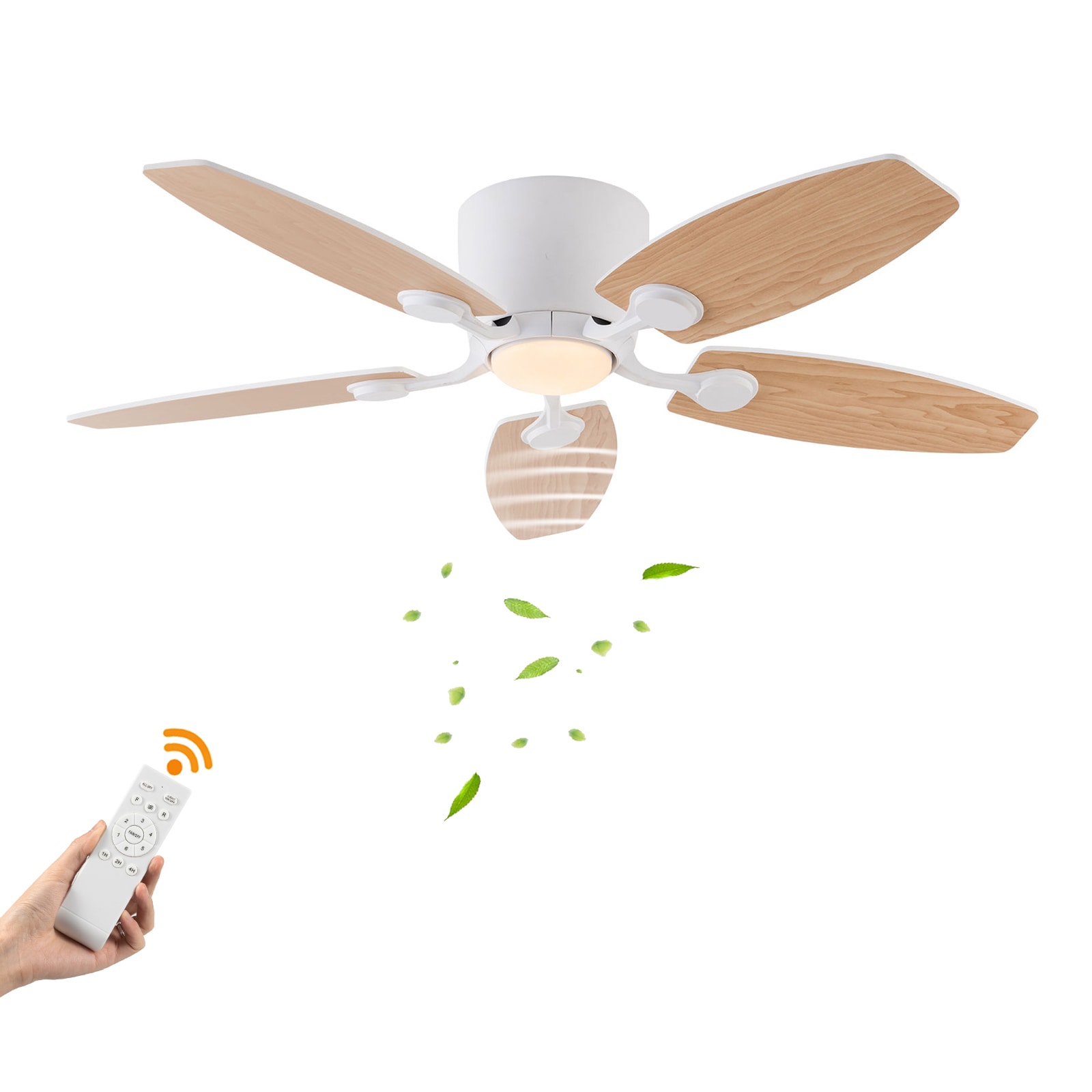 Oukaning JZUCOD-00460099 42-in Color-Changing Flush Mount White with Wood Blades Fandelier Ceiling Fan With Light - Remote Included ( 5 -Blade )