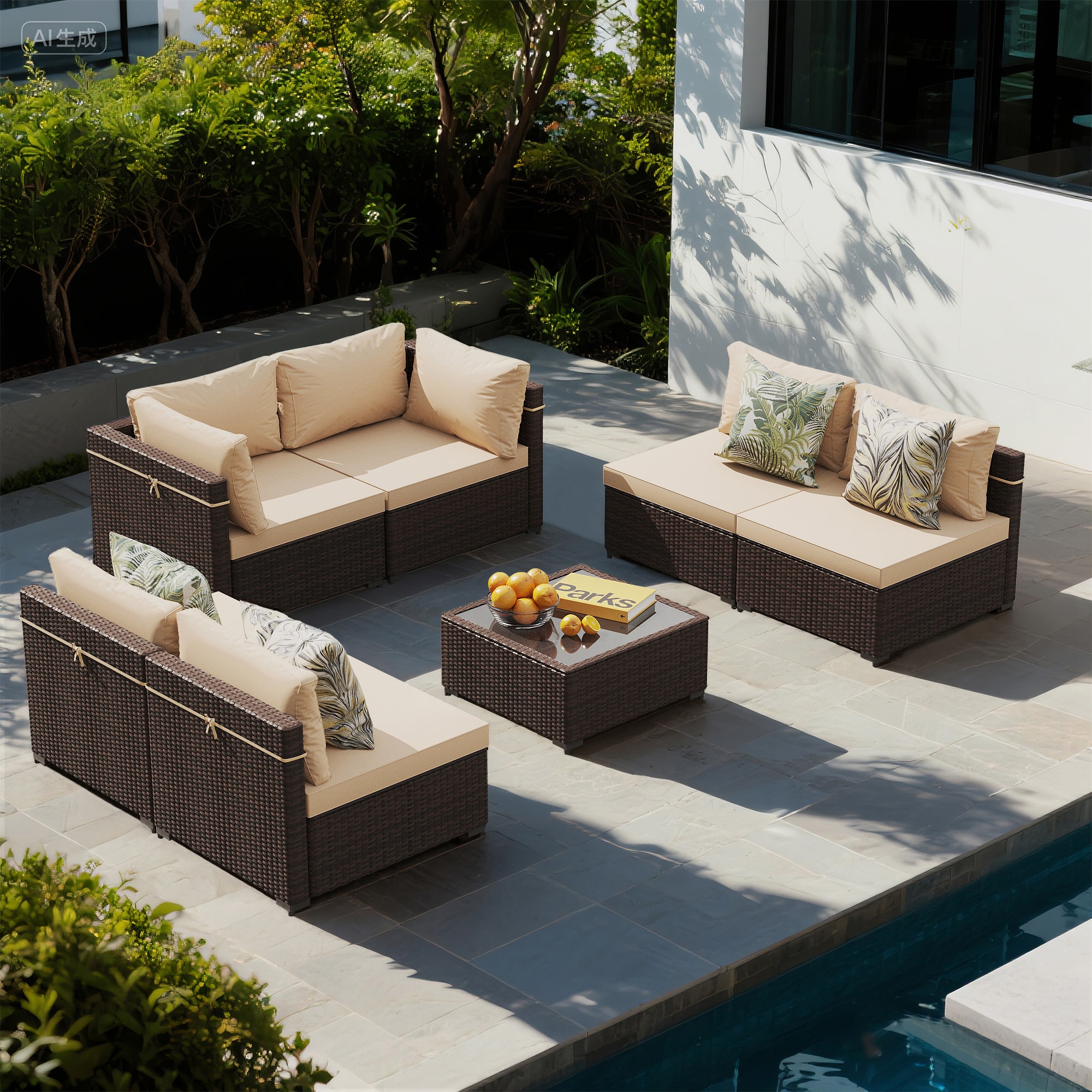 UPHA PL-2CZ-42TPWH-H1 7 -Piece Wicker Patio conversation set 7 -Piece Wicker 2 Patio Sofa Conversation Set with Beige Cushions