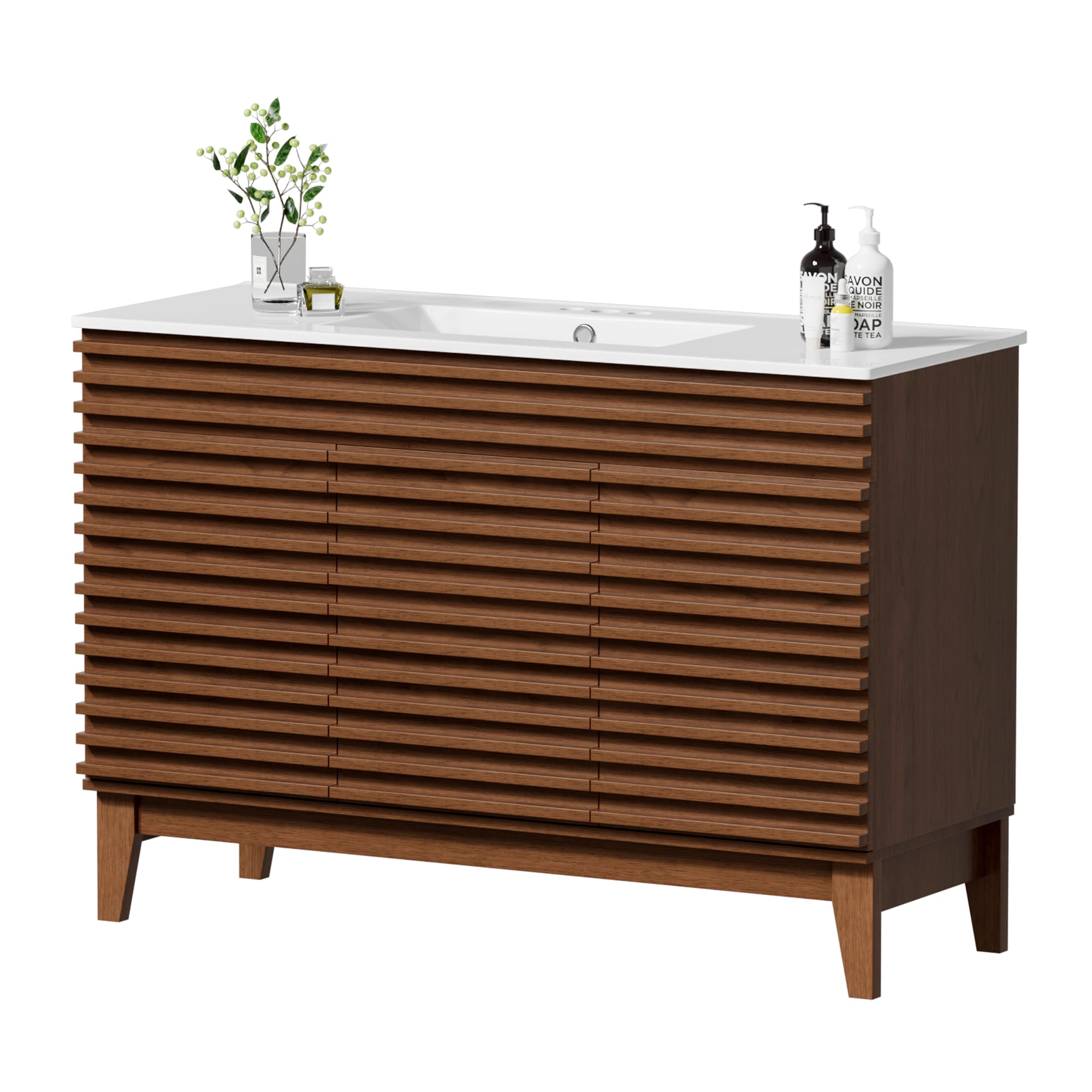 LOVMOR LO-992200537D-1-ZJL 48-in W Walnut Freestanding Bathroom Vanity with Undermount Ceramic Sink and 2-Level Storage