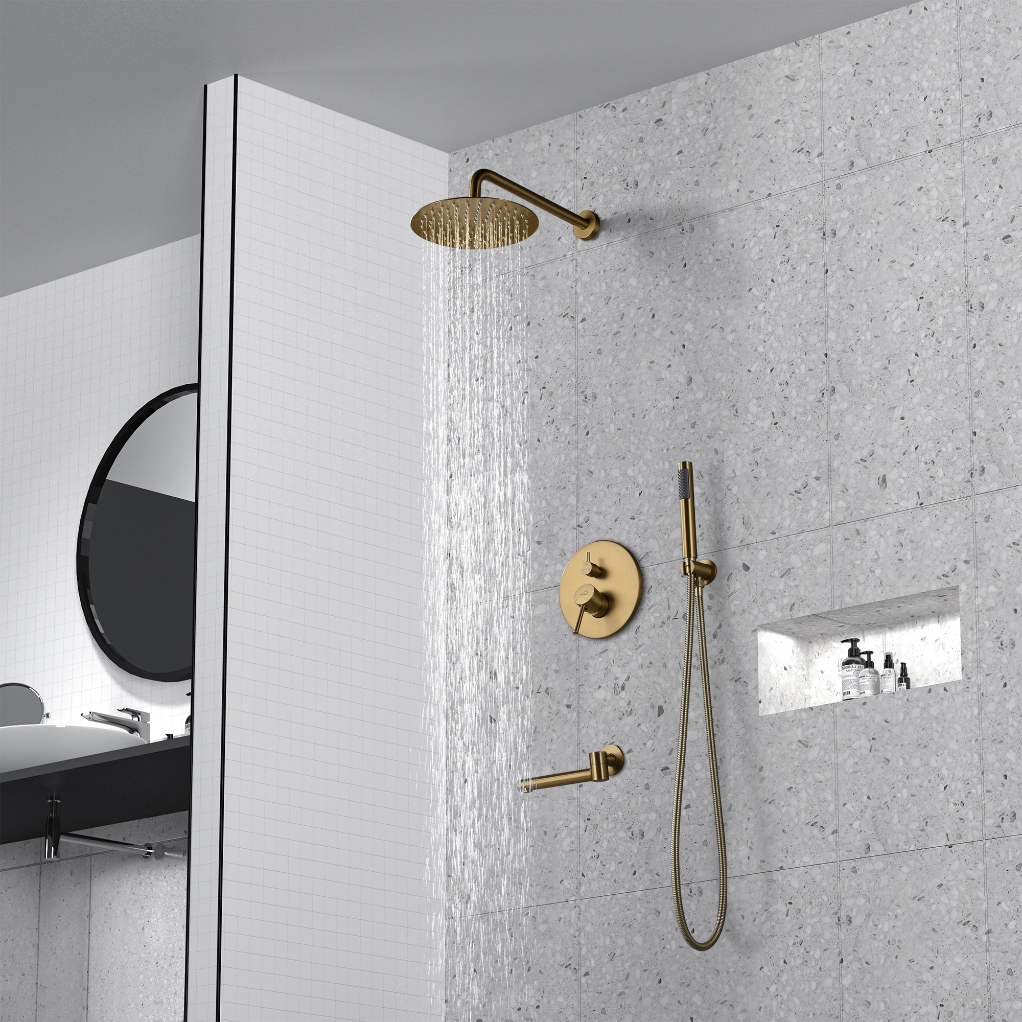 Brushed Gold Dual Rain Shower System with Handheld Spray