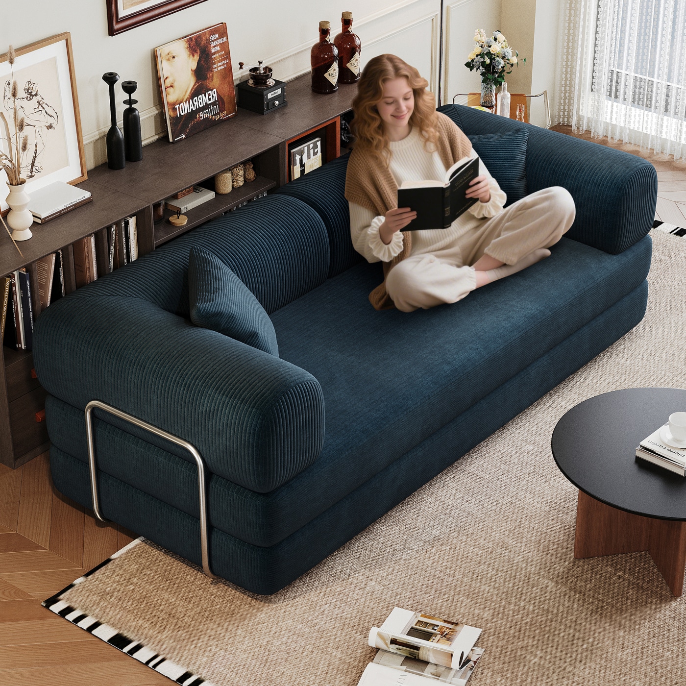 Streamdale Furniture - Streamdale 78.8'' Corduroy Compression Sofa Bed with Pillow Blue