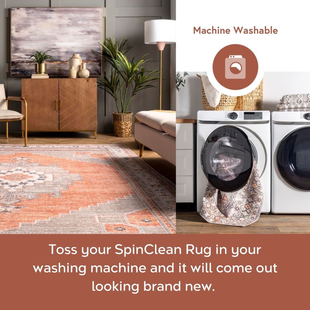 Alicia Gray and Rust Synthetic Medallion Washable 4' x 6' Area Rug