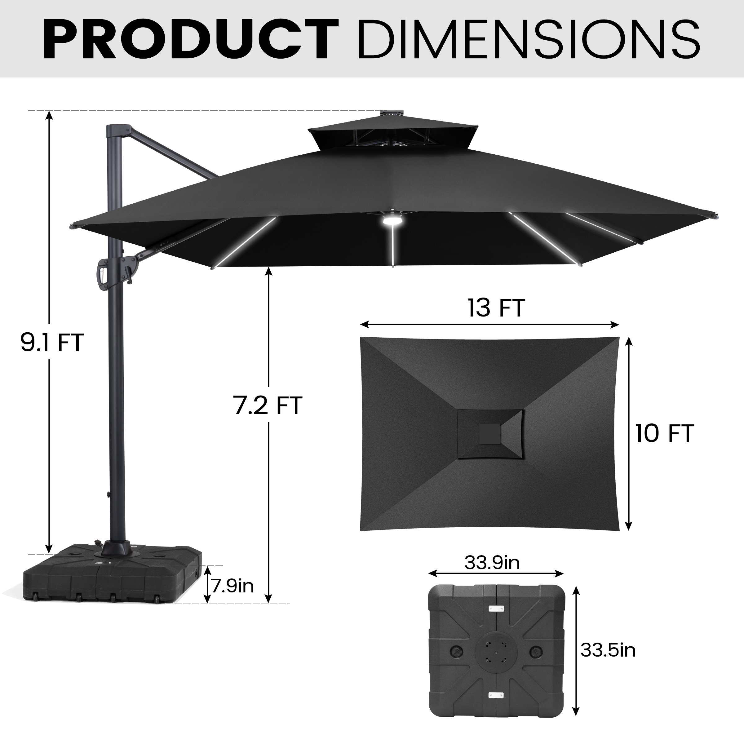 black patio umbrella with lights 11X11 FT Square Cantilever Outdoor Solar Base Included | Modern Contemporary Solid Pattern Color all powered by solar energy or charged via a Type Crestlive Products 13-ft Aluminum Black