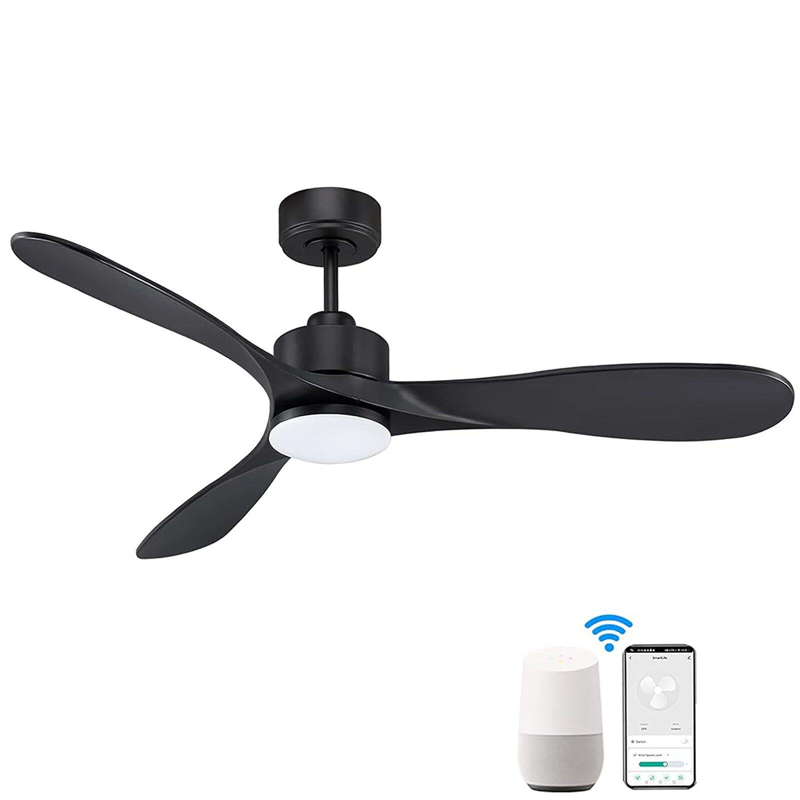 Yardreeze YJDHM2202 52-Inches Black with ABS Blades Color-Changing Indoor Downrod mount Smart Compatible Standard Ceiling Fan With Light and Remote ( 3 -Blade)