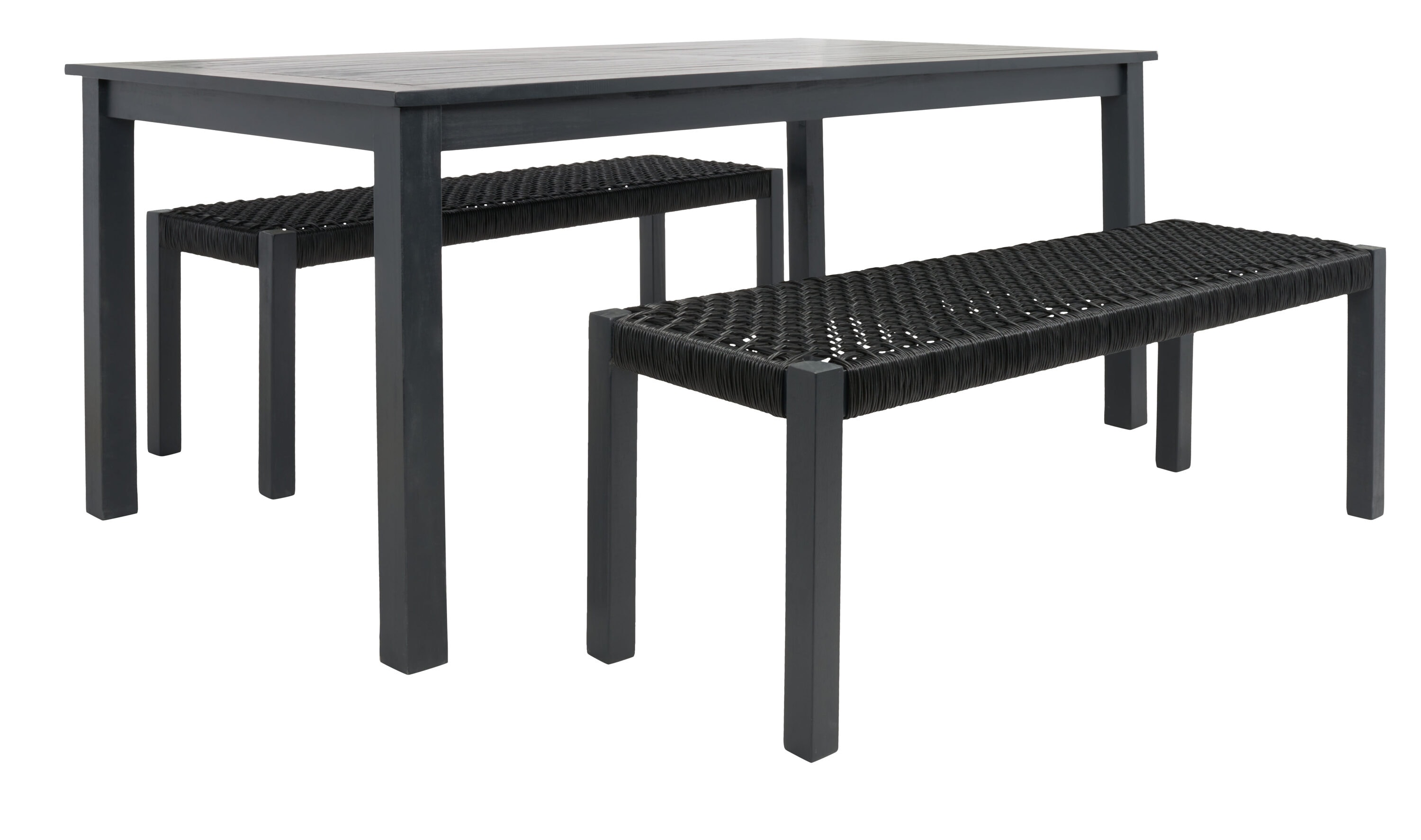 Aquina Black Acacia Wood Dining Set with Woven Rattan Benches
