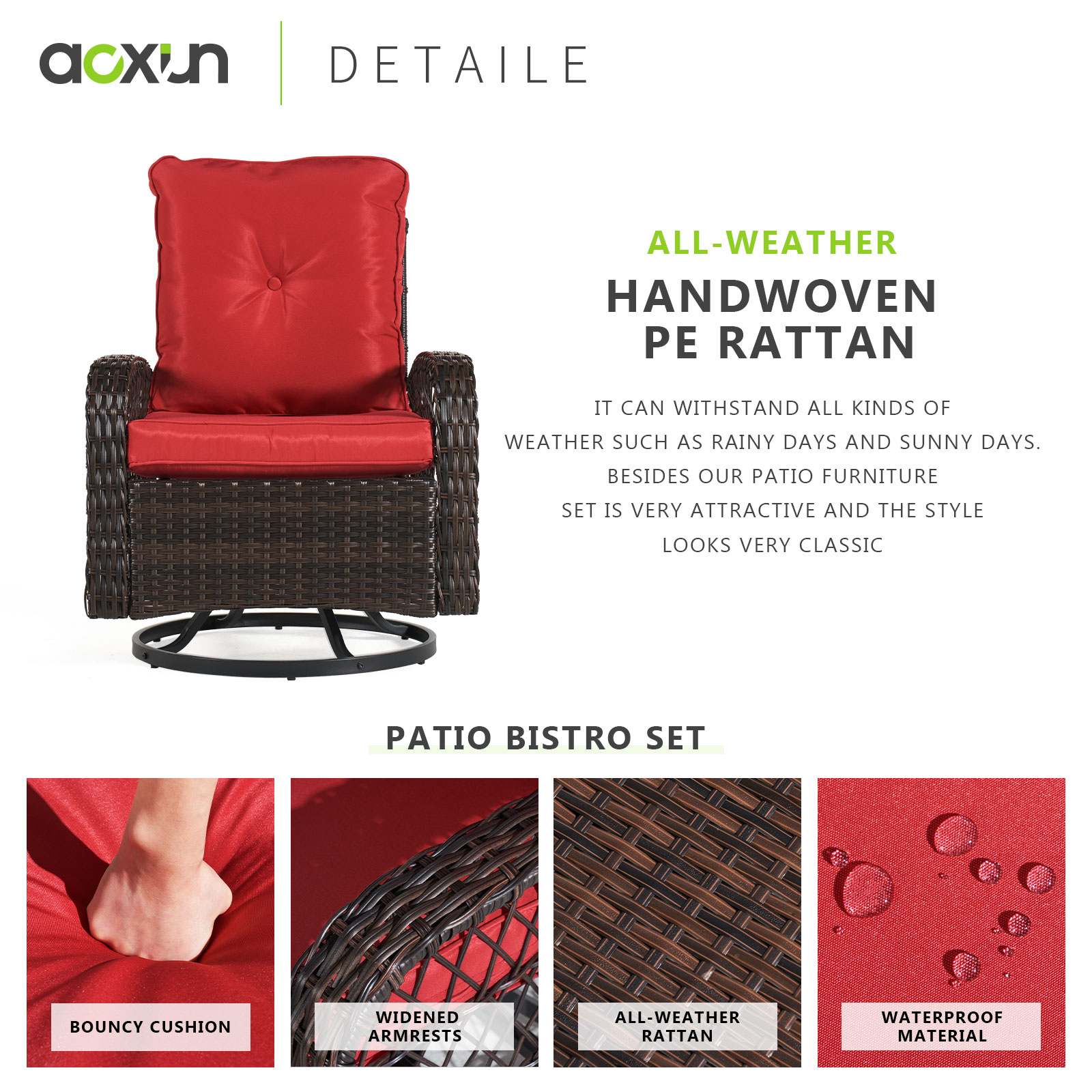 Red Cushioned Wicker Patio Bistro Set with Swivel Rocking Chairs