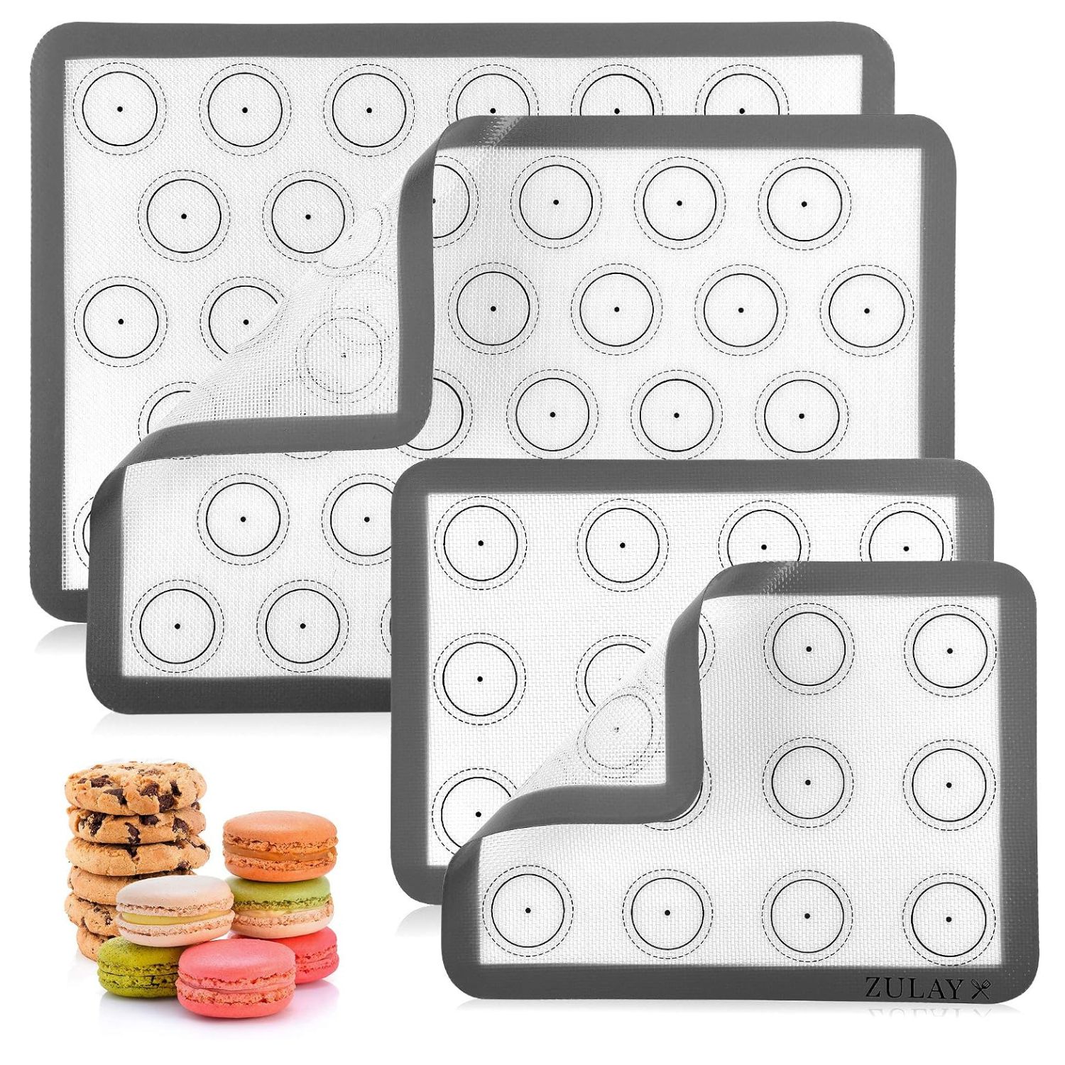 Zulay Kitchen Set of 4 Nonstick Silicone Baking Mats with Macaron Templates