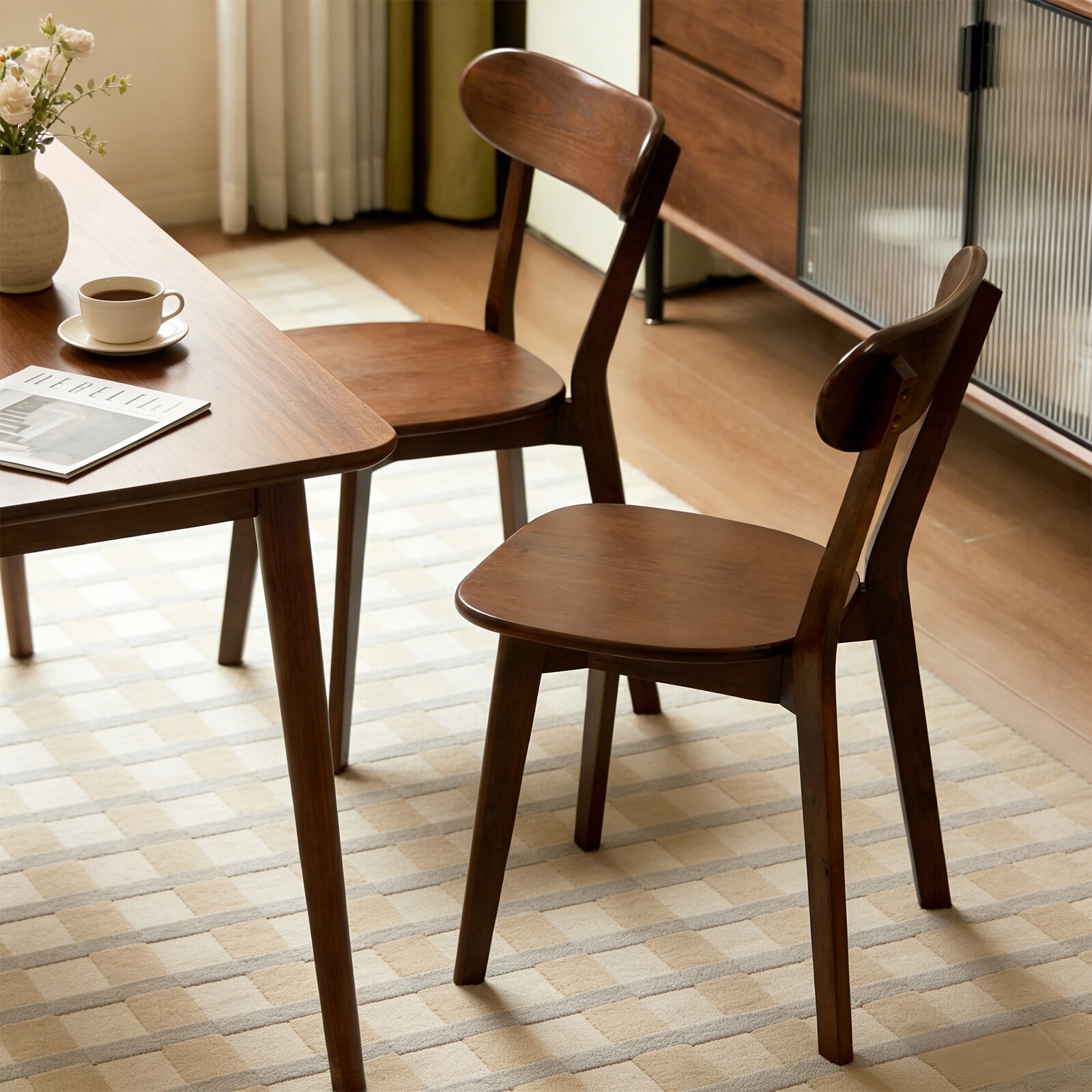 Vynxaria -  Mid-Century Modern Walnut Solid Wood Dining Chairs with Curved Backrest and Adjustabl...