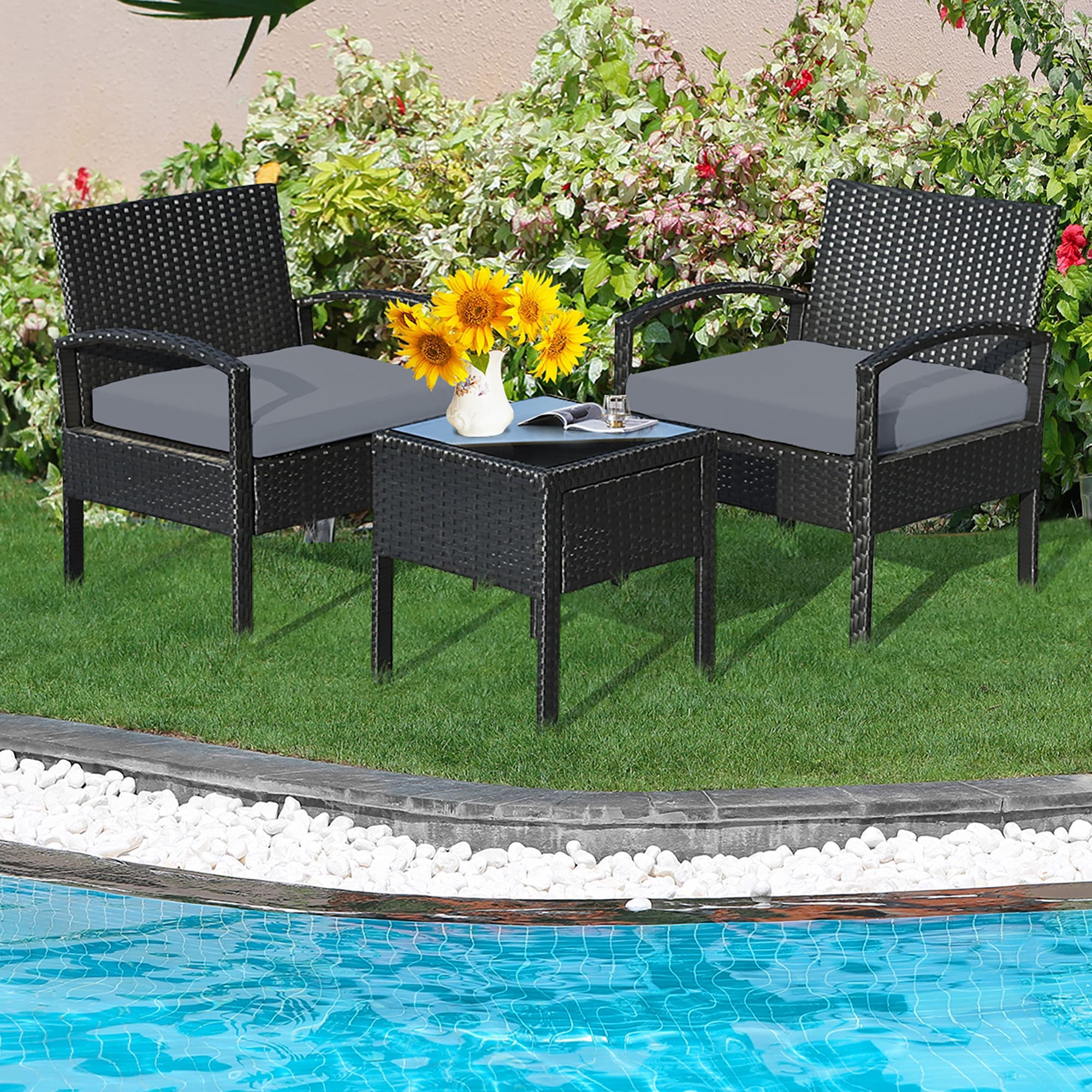 BABOOM BOM-18GR-CO Patio Furniture Set 3 -Piece Rattan Patio Conversation Set with Gray Gray Cushions