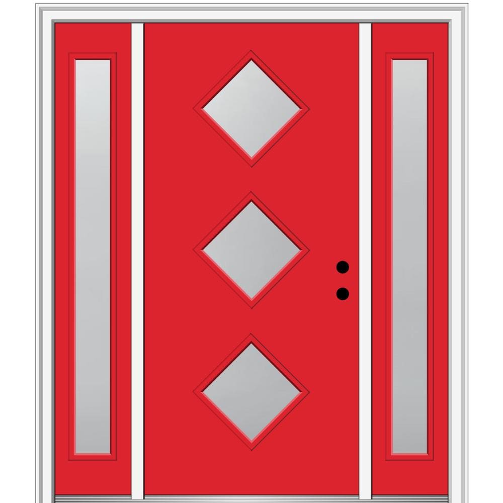 MMI DOOR ZZ350311L Spotlights 64-in x 80-in x 6-9/16-in Fiberglass Pulse lite Left-hand inswing Red Saffron Painted Prehung Front Door with Sidelights with Brickmould Insulating core