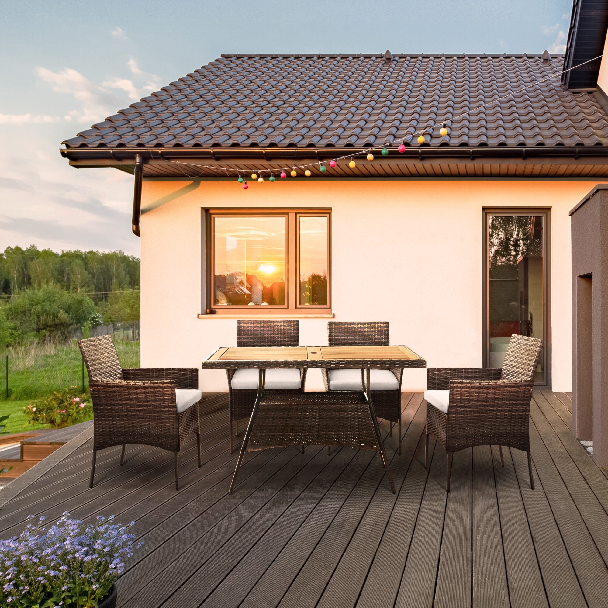 Teamson Home PT-OF0021 5 -Piece Rattan Patio Conversation Set with Gray Cushions