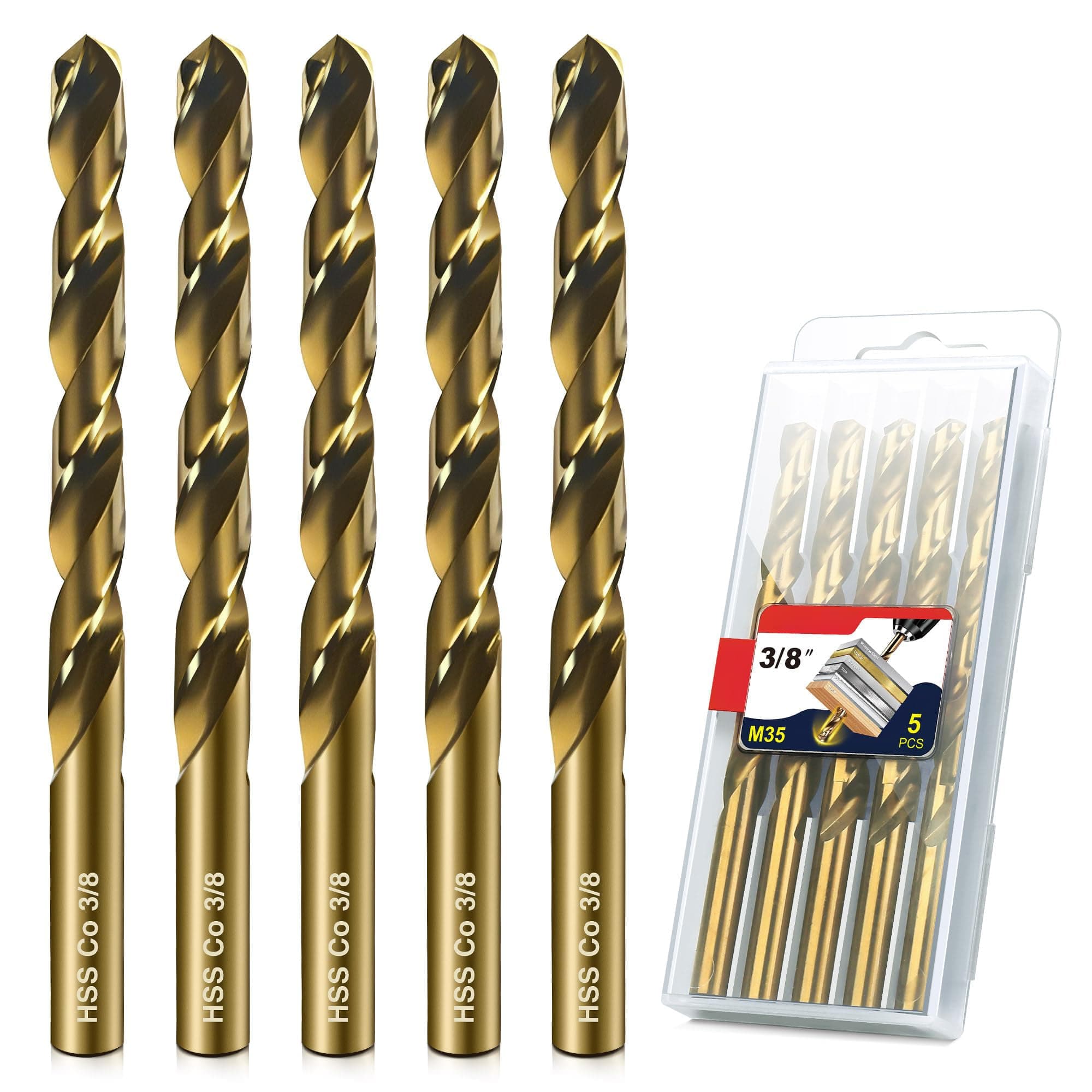 Etokfoks 5pcs 3/8 inch M35 HSS Cobalt Twist Drill Bit Set for Stainless Steel Hardened Steel Cast Iron Plastic Wood Case Included #LET0304T06