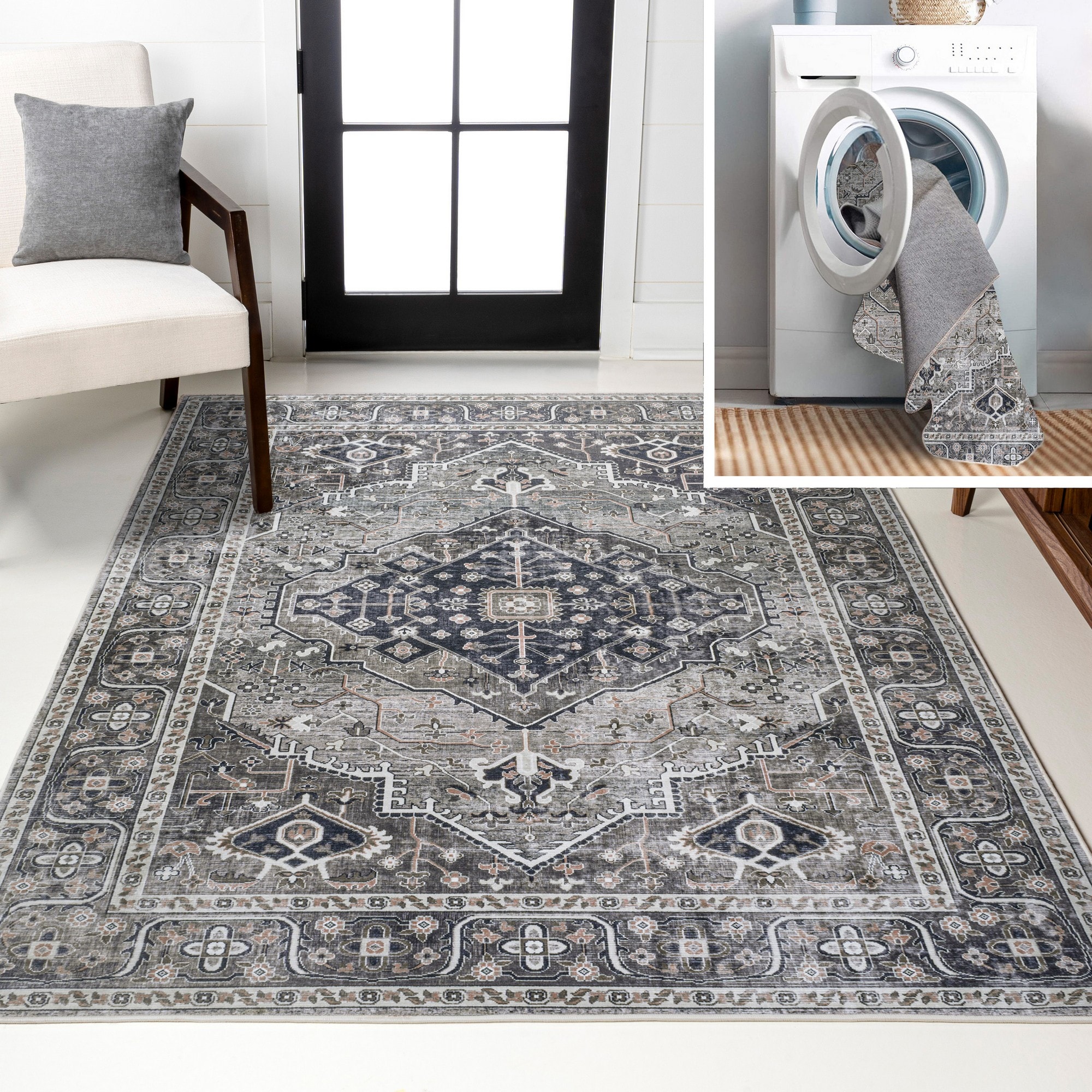 JONATHAN  Y WSH103E-3 WASHABLE Alacati Ogee 3 x 5 (ft) Loomed Dark Gray/Light Gray Rectangular Indoor Border Bohemian/Eclectic Machine washable Pet Friendly Area rug