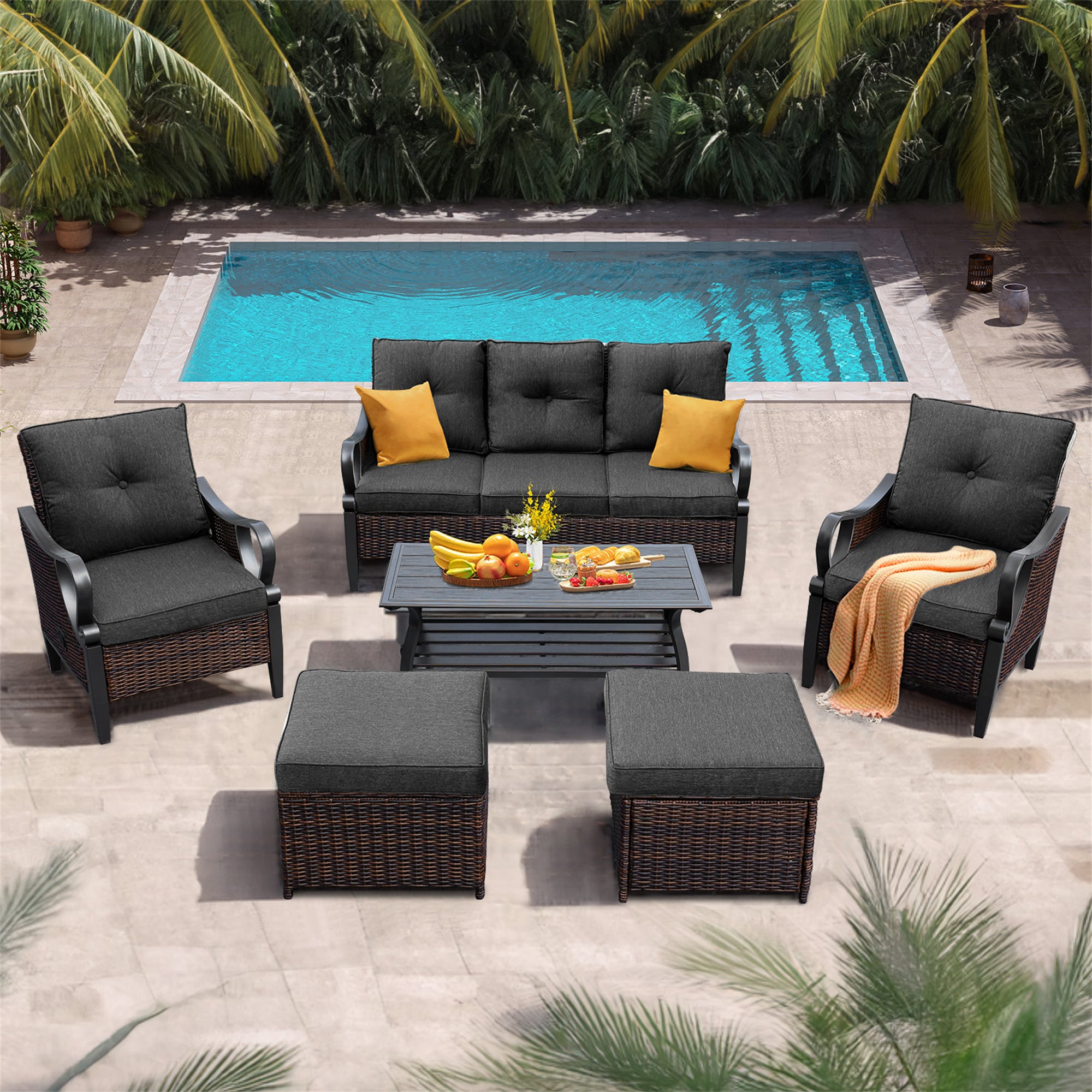 BABOOM BOM-111CORUST 6 -Piece Rattan Patio Sofa Conversation Set with Black Cushions