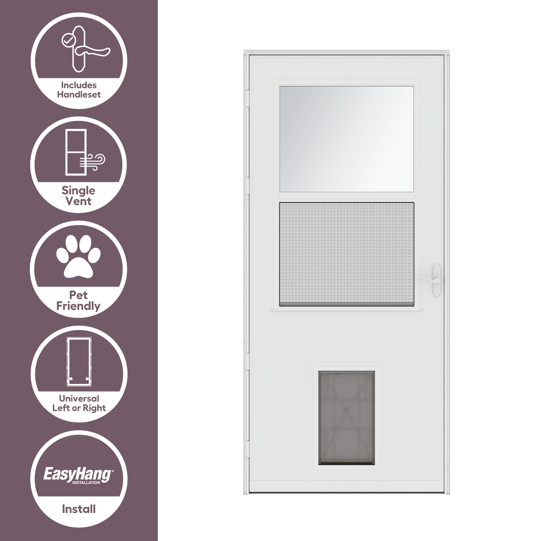 LARSON Pet Door 32 in x 81 in White Wood Core Reversible Hinge Storm Door High view with Fixed Screen White Handle Included in the Storm Doors department at Lowes