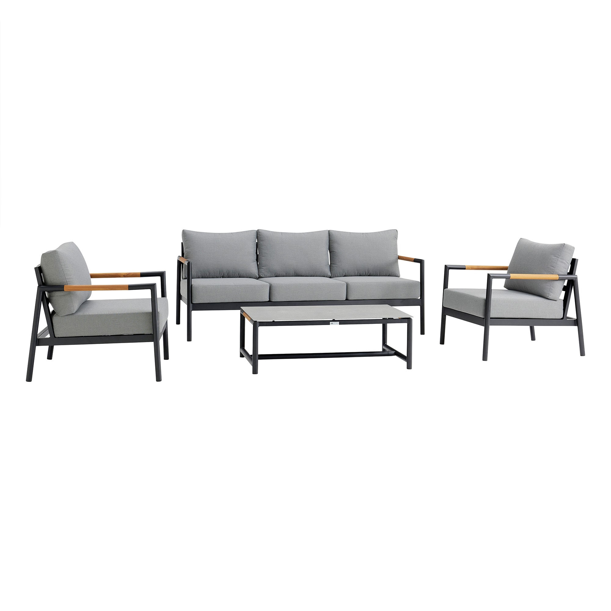 5-Person Black Aluminum and Teak Outdoor Seating Set with Gray Cushions