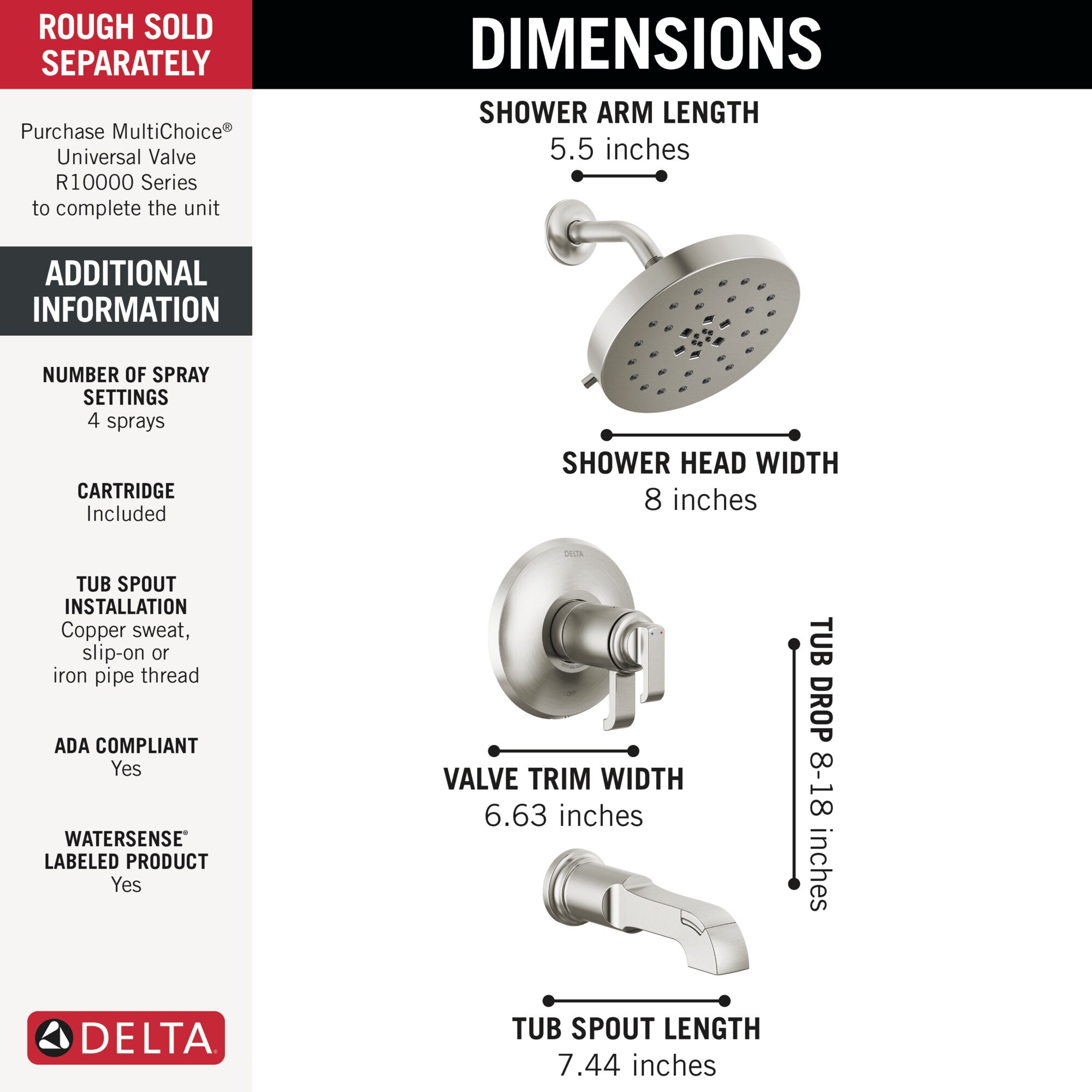 Delta Tetra Lumicoat Stainless 2 Handle Multi Function Round Bathtub