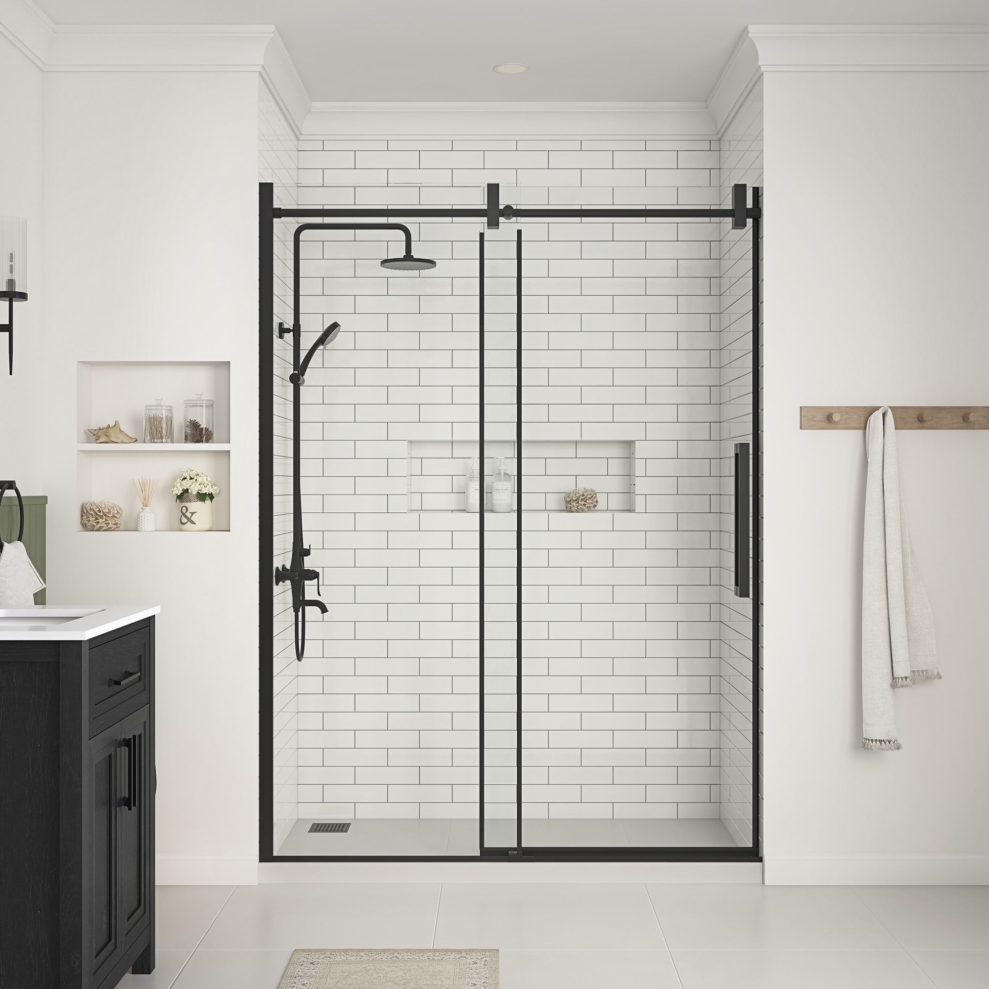 allen + roth BENNET-60GP-MB Bennet Matte Black 57-1/4-in to 60-1/16-in W x 78.74-in H Frameless Sliding Shower door 5/16-in Thick Clear Glass