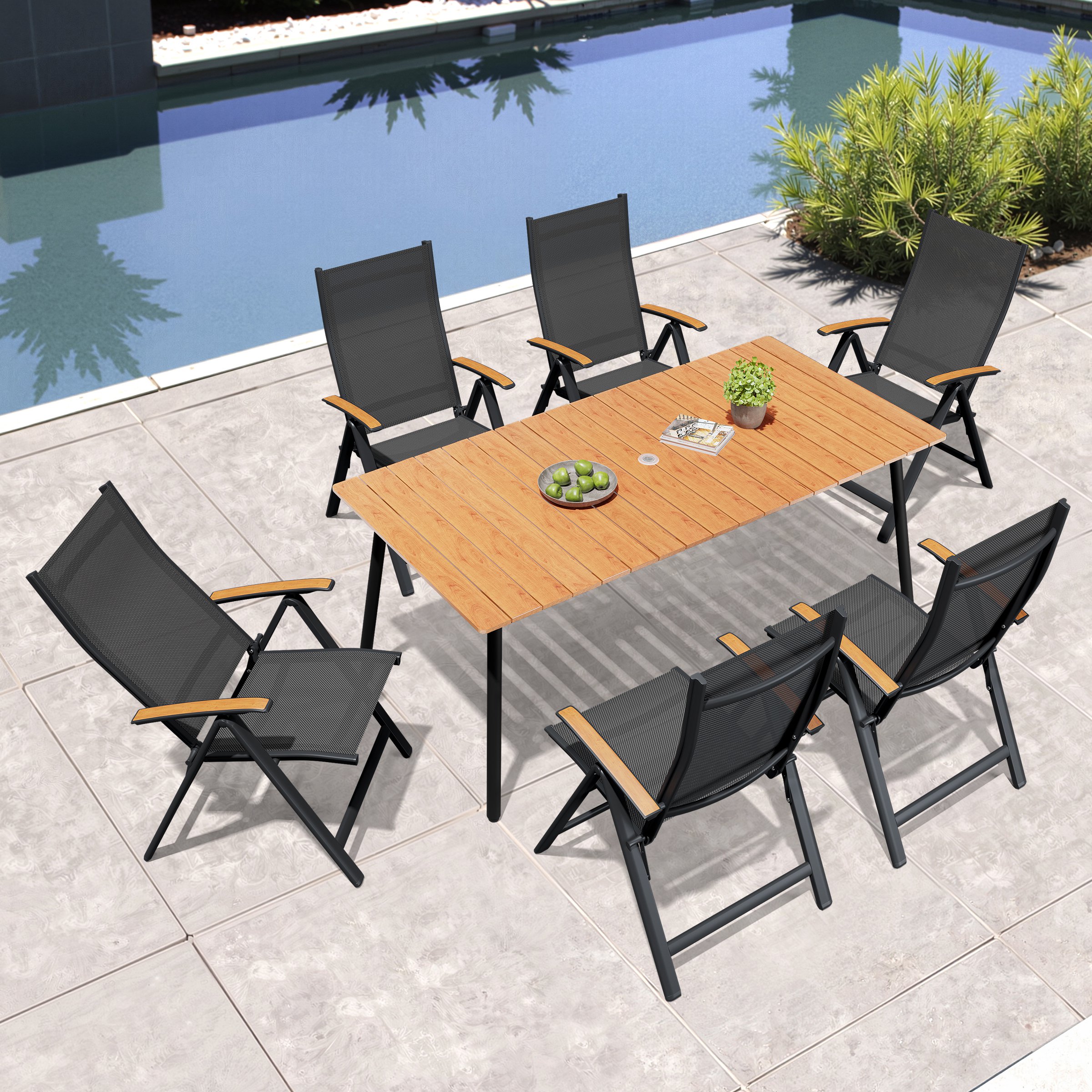 Crestlive Products Outdoor 7 -Piece 70.87"-6 seat Patio Dining Set Aluminum Rectangle Table with 6 Brown Stationary Chairs