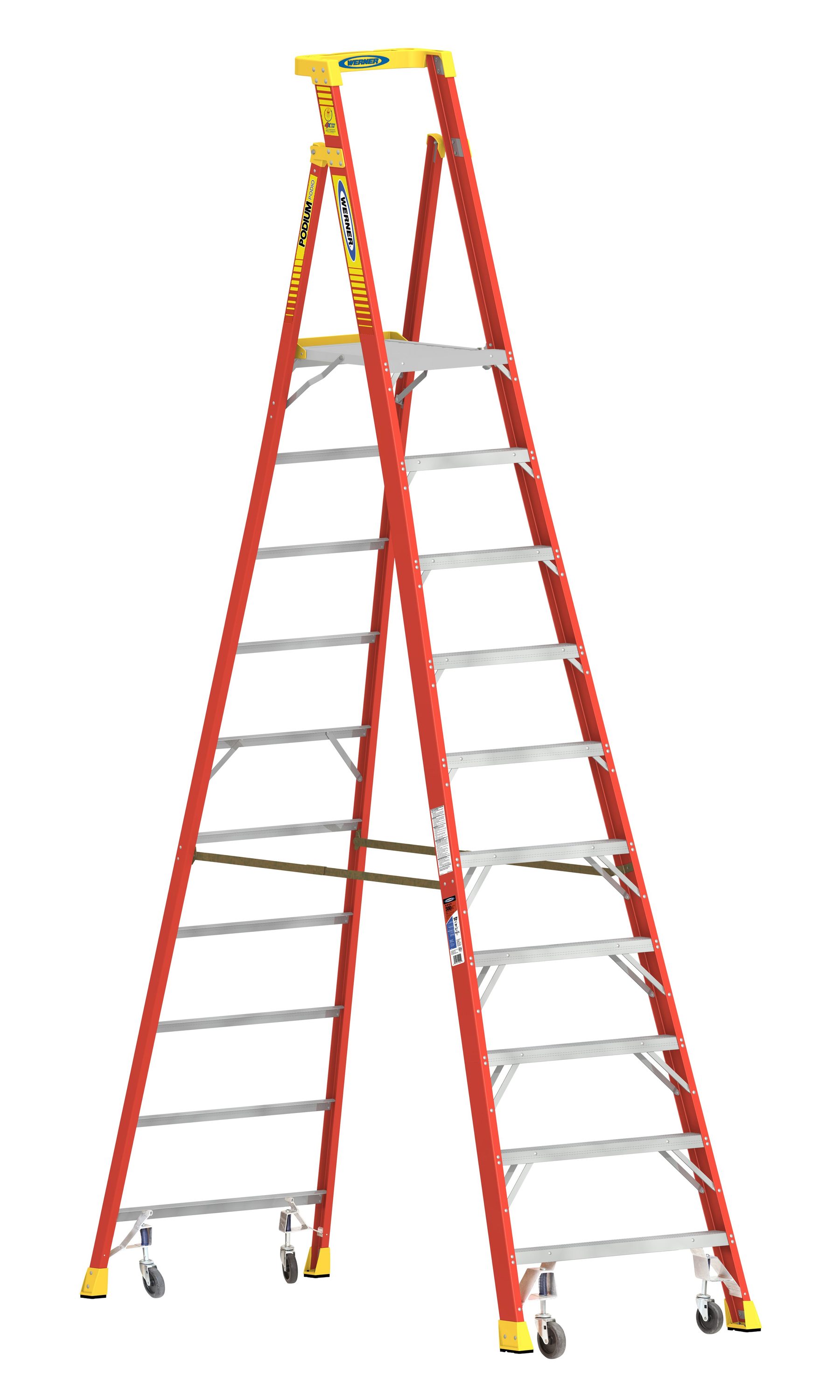 PD6200 12-ft Fiberglass Type 1A-300-lb Load Capacity Podium Step Ladder in Orange | - Werner PD6210-4C