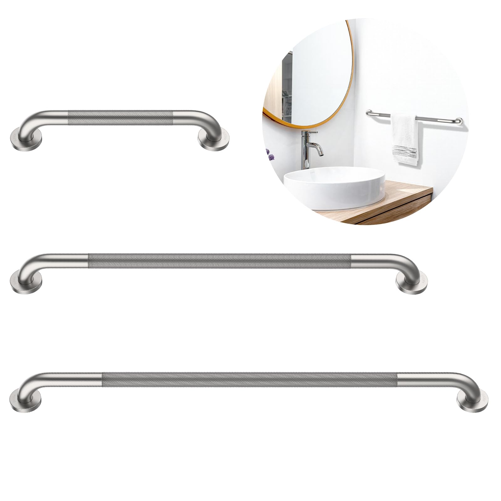 Misopily  3 Pack Commercial Handicap Grab Bars Bundle 18 in 36 in 42 in Brushed Nickel Bathroom Grab Bar for Shower 1.25 in Diameter Anti Slip