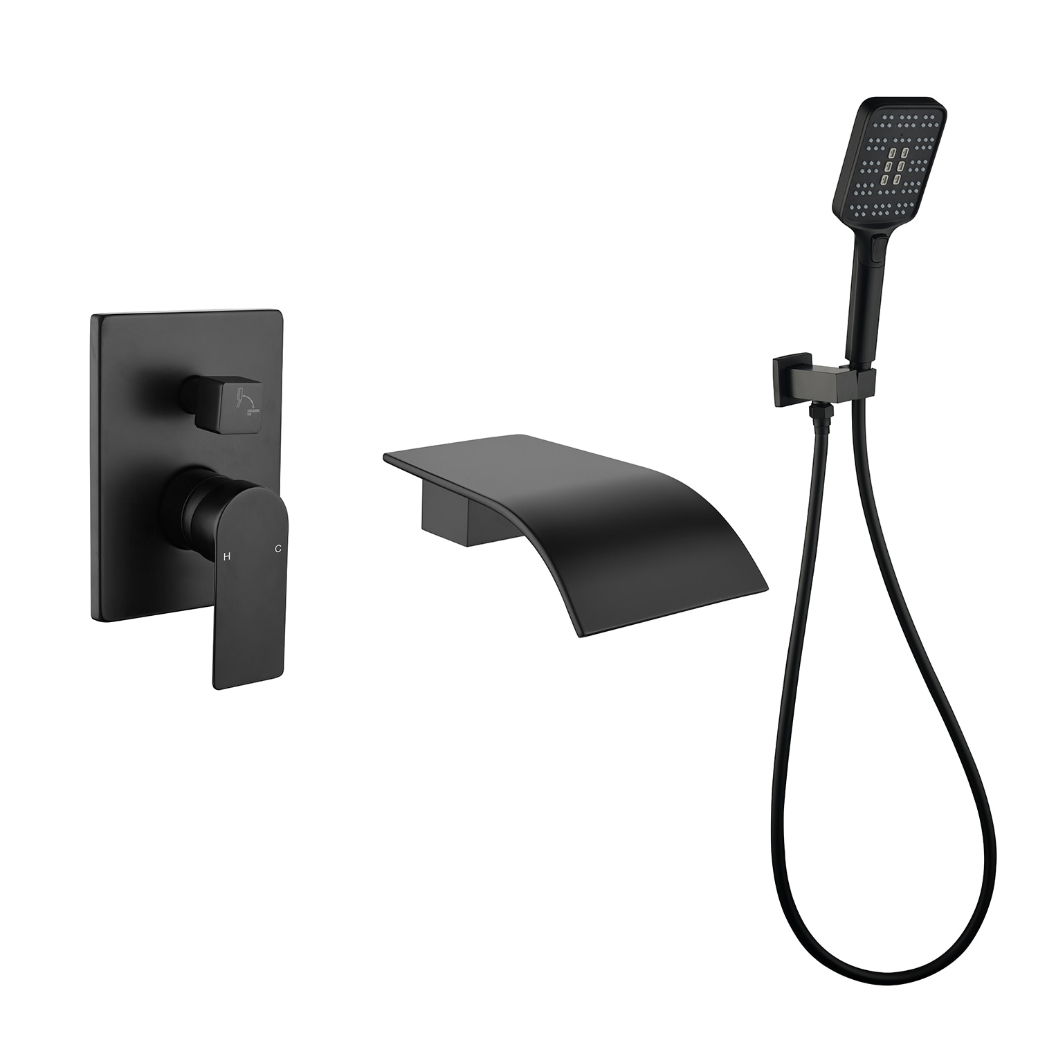 WELLFOR CR-P-WM-2W01MB Matte Black 1-handle Wall-mount Waterfall Bathtub Faucet with Hand Shower ( Valve Included )