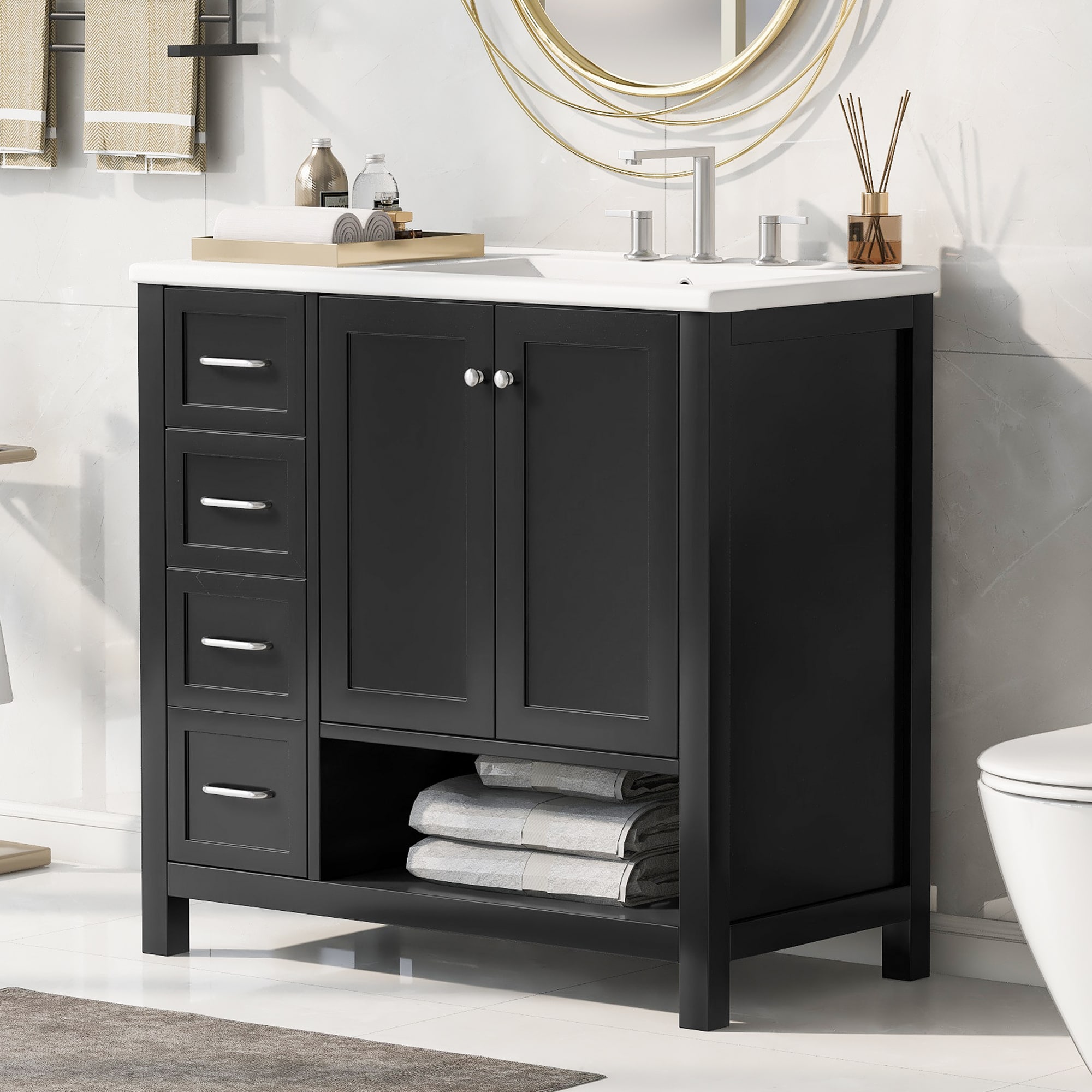 WELLFOR NIE-M5TP999 Pre-Drilled Three Holes (For 8-In Faucet) 36-in Black Undermount Single Sink Bathroom Vanity with White Ceramic Top