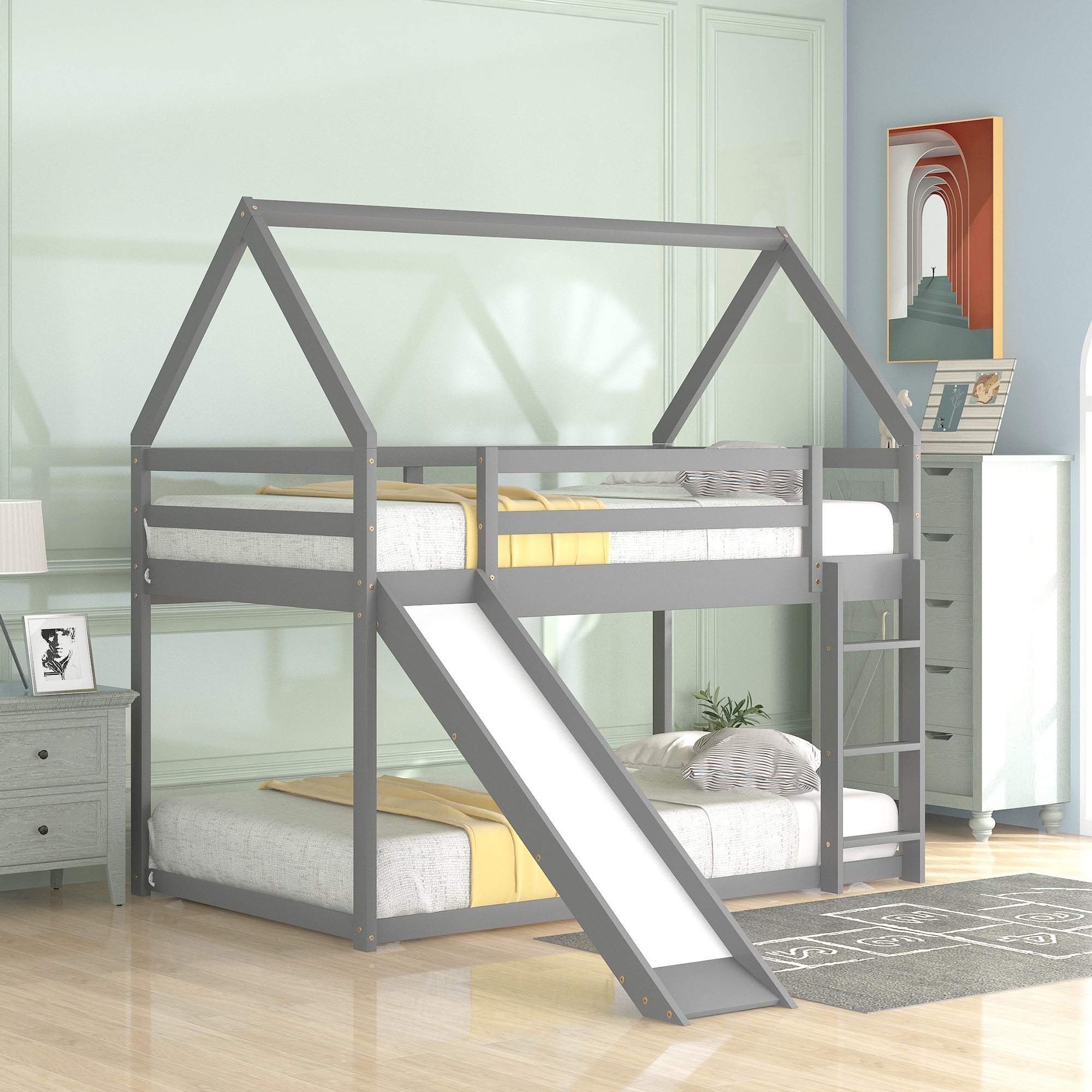 VEELIKE 70625942SYZN Twin Size Bunk House Bed with Slide and Ladder Gray