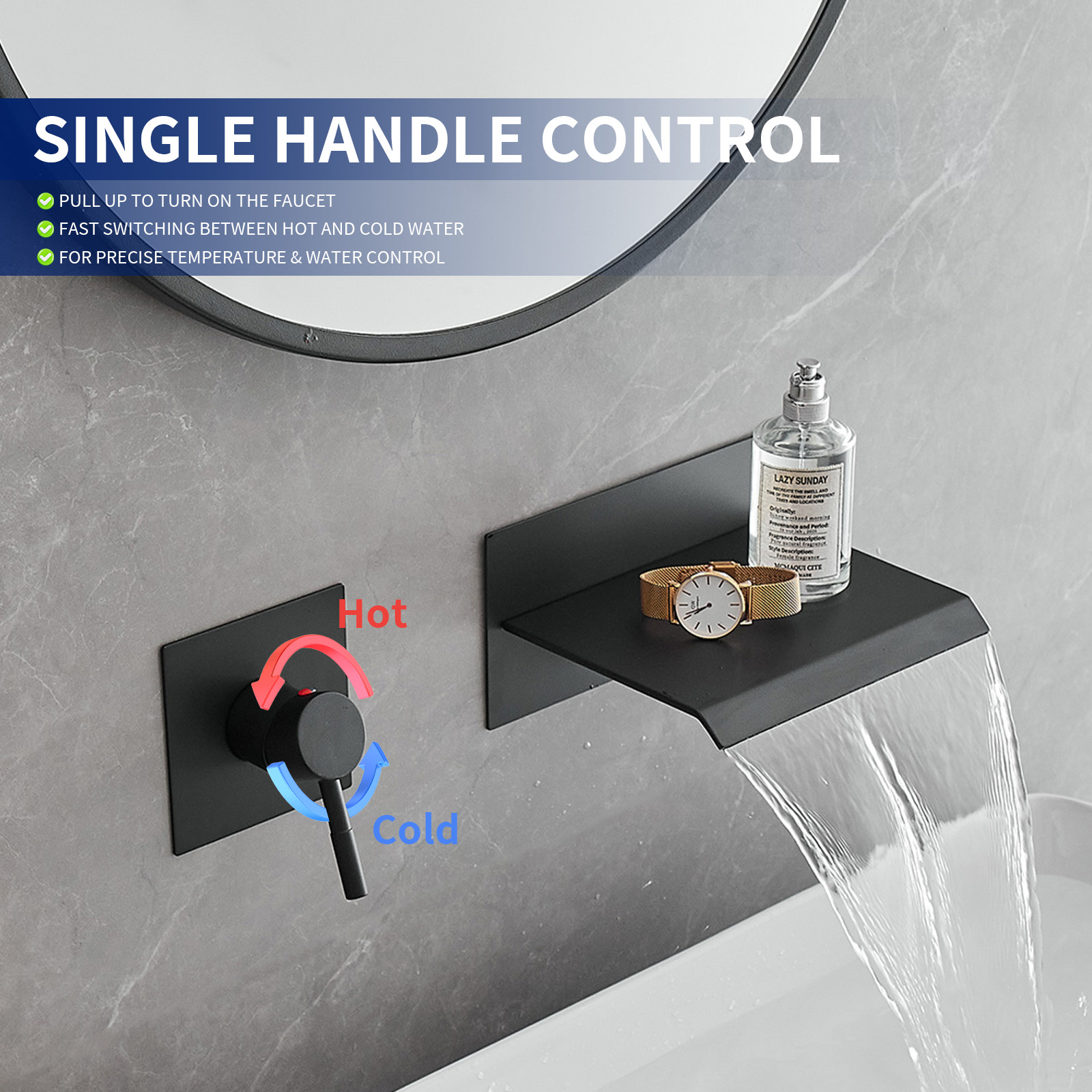 Matte Black Wall-Mount Waterfall Bathroom Faucet with Lever Handle