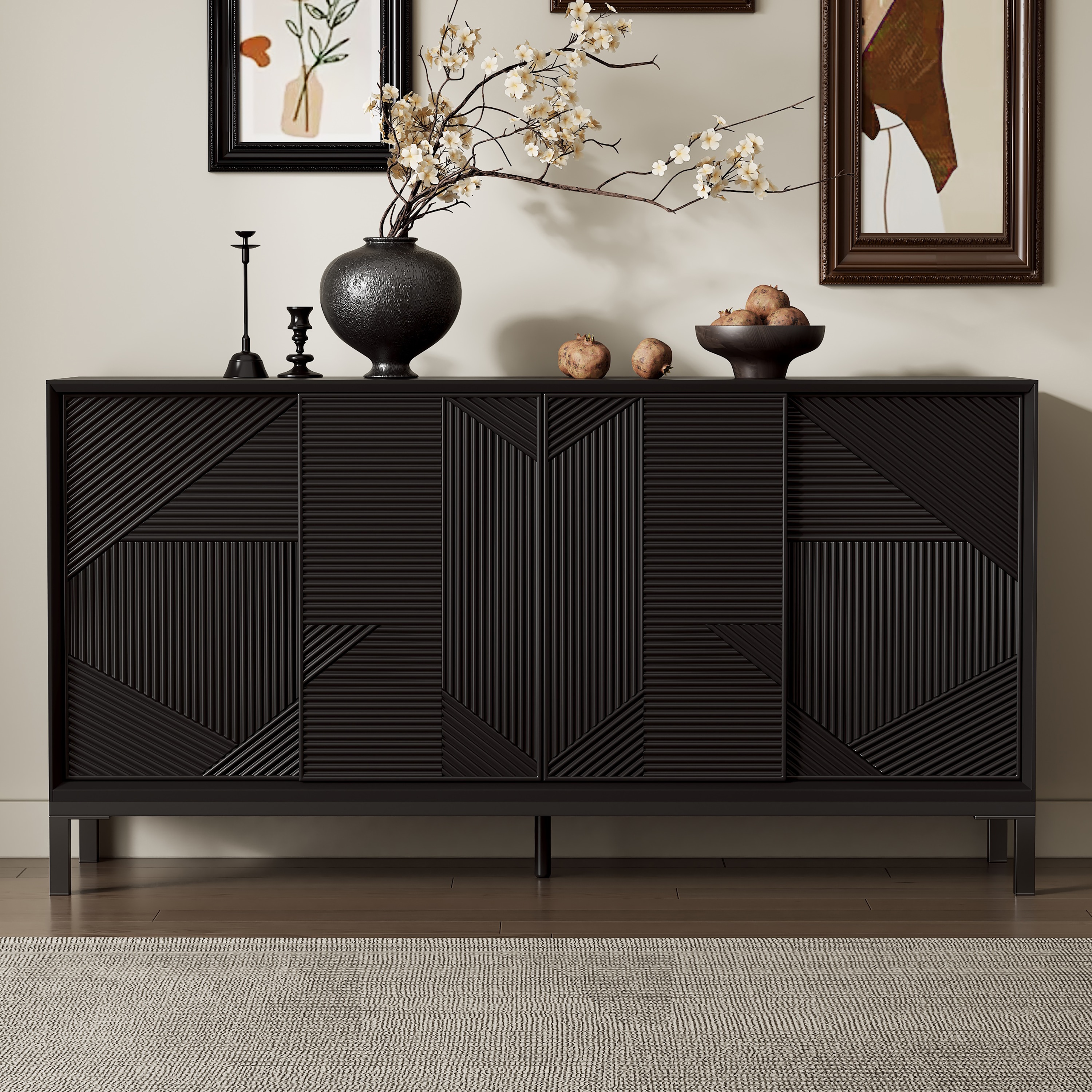 ModernLuxe N760P253319B Mirod Modern Geometric Accent CabinetVertical Striped Design with Sliding DoorsHighQuality Wood Veneer Top and Ample Storage with Two Drawers Sturdy and Durable Construction