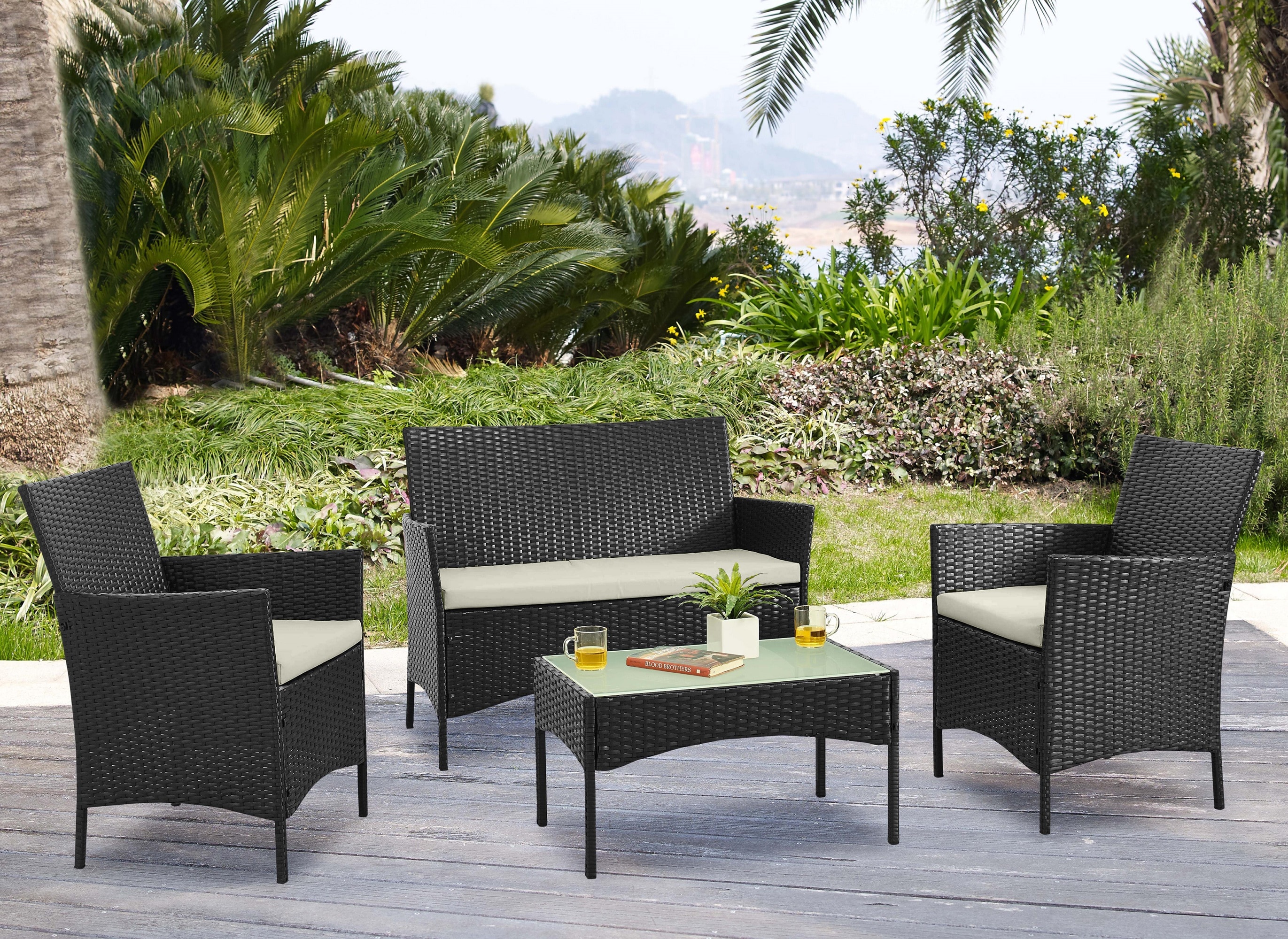 Manhattan Comfort OD-CV008-CR Benson 4 -Piece Rattan Patio Conversation Set with Off-white Cushions