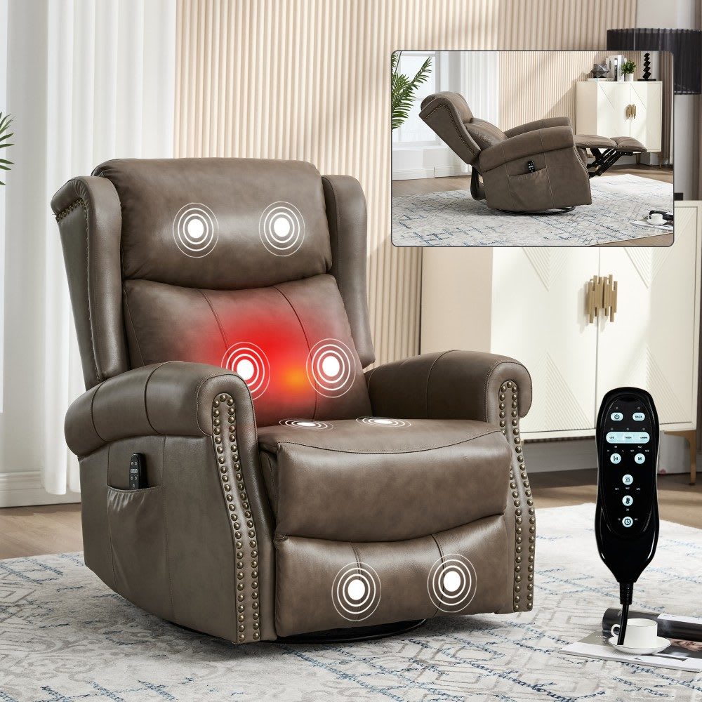 Coolbibila EVA-RECLINER-GRAY Living Room Gray Genuine Leather Recliner Chair with Rocker Swivel and Lumbar Heat Massage Support