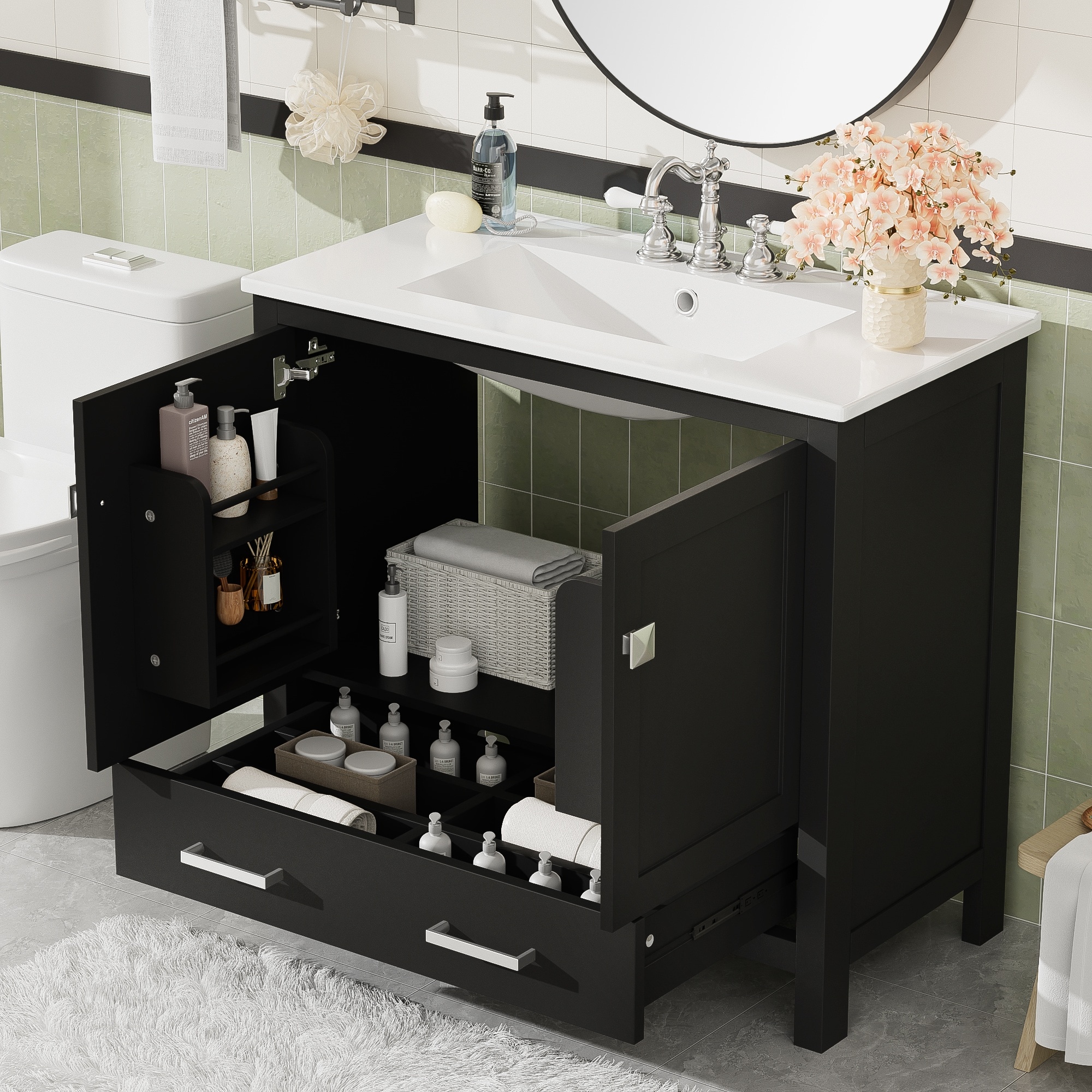 HyperDrop Cart 36 Inch Bathroom Vanity with Ceramic Sink Soft Close Doors Double Storage Shelves and Divided Drawer Modern Bathroom Cabinet with Ample Storage Black #B-7N5U1L1L9H2W