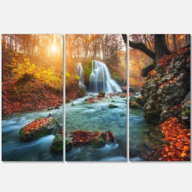 Designart Fast Flowing Fall River in Forest- Landscape Photography ...