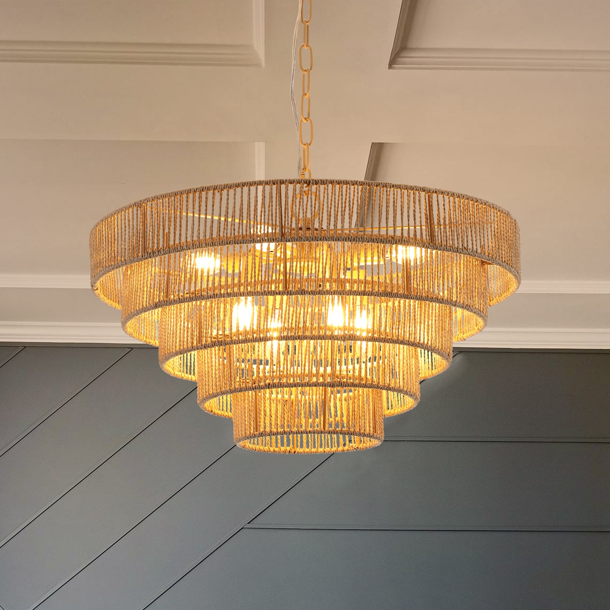 Tatayosi JL-0P206666 24inches Modern 5-Layer Woven Hemp Rope Chandelier Boho Style Pendant Light Elegant Hanging Light Fixture for Living Room Dining Room Bedroom (No Bulbs)