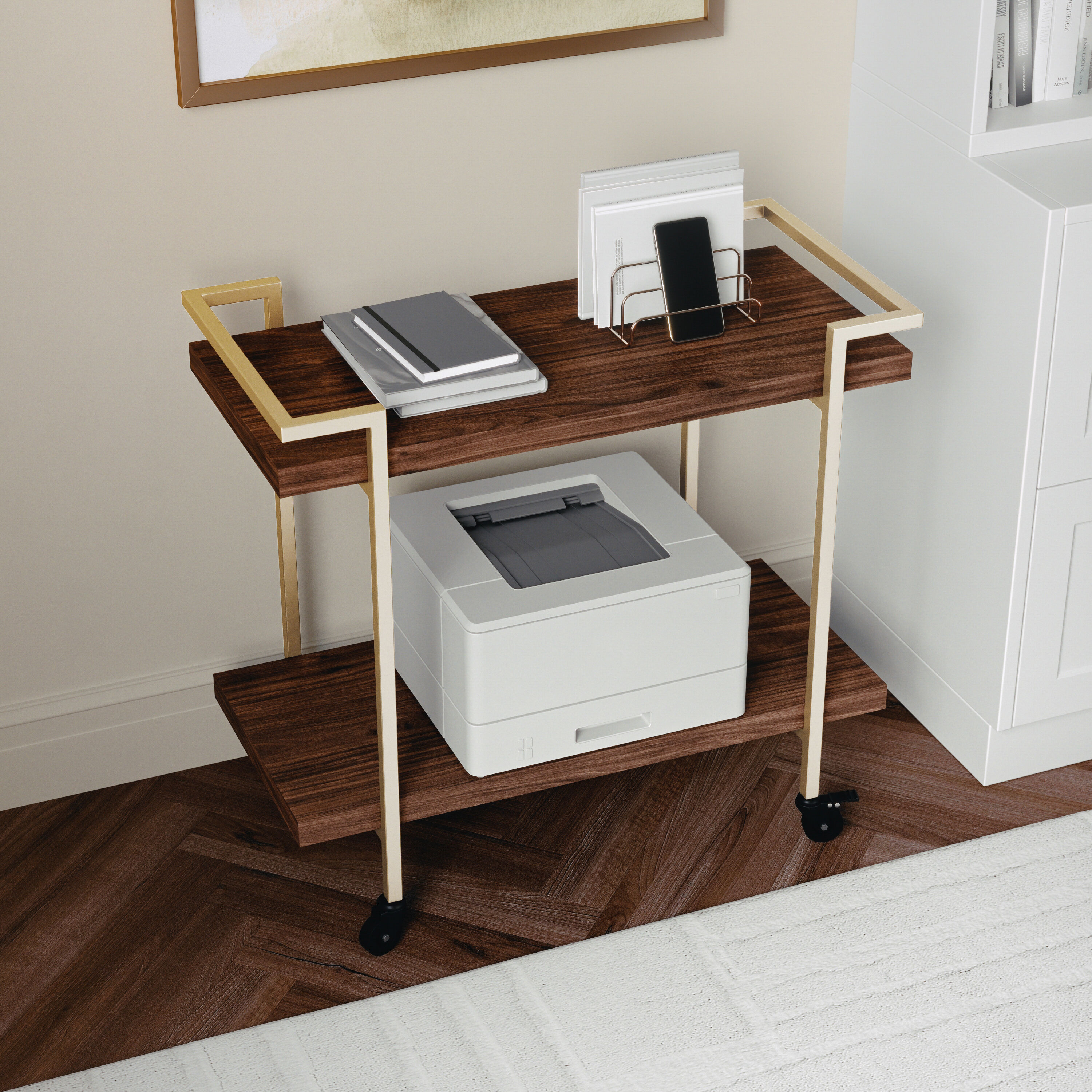 Walnut and Brass 2-Tier Mobile Office Printer Cart with Side Storage