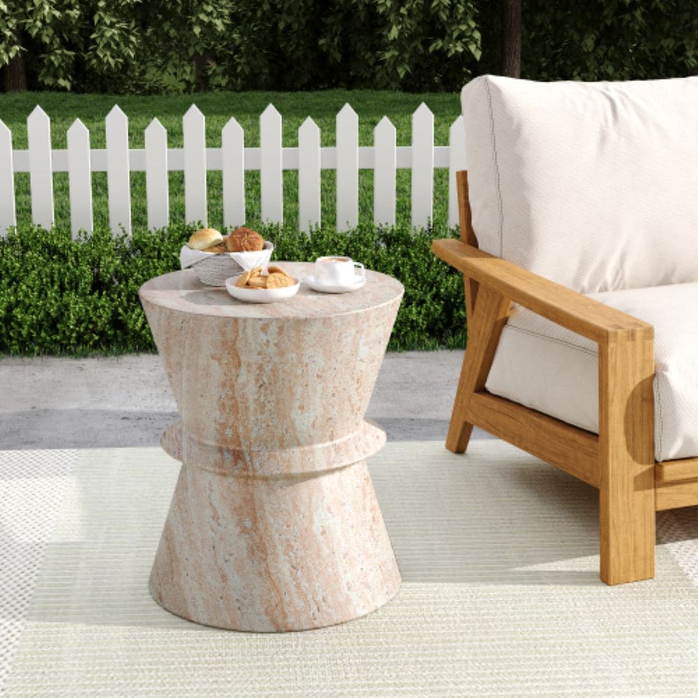 Christopher Knight Home Vesa Outdoor/Indoor 15.5 in. Travertine Style Lightweight Concrete MGO Side Table with Hourglass Shaped Pedestal Design - Beige