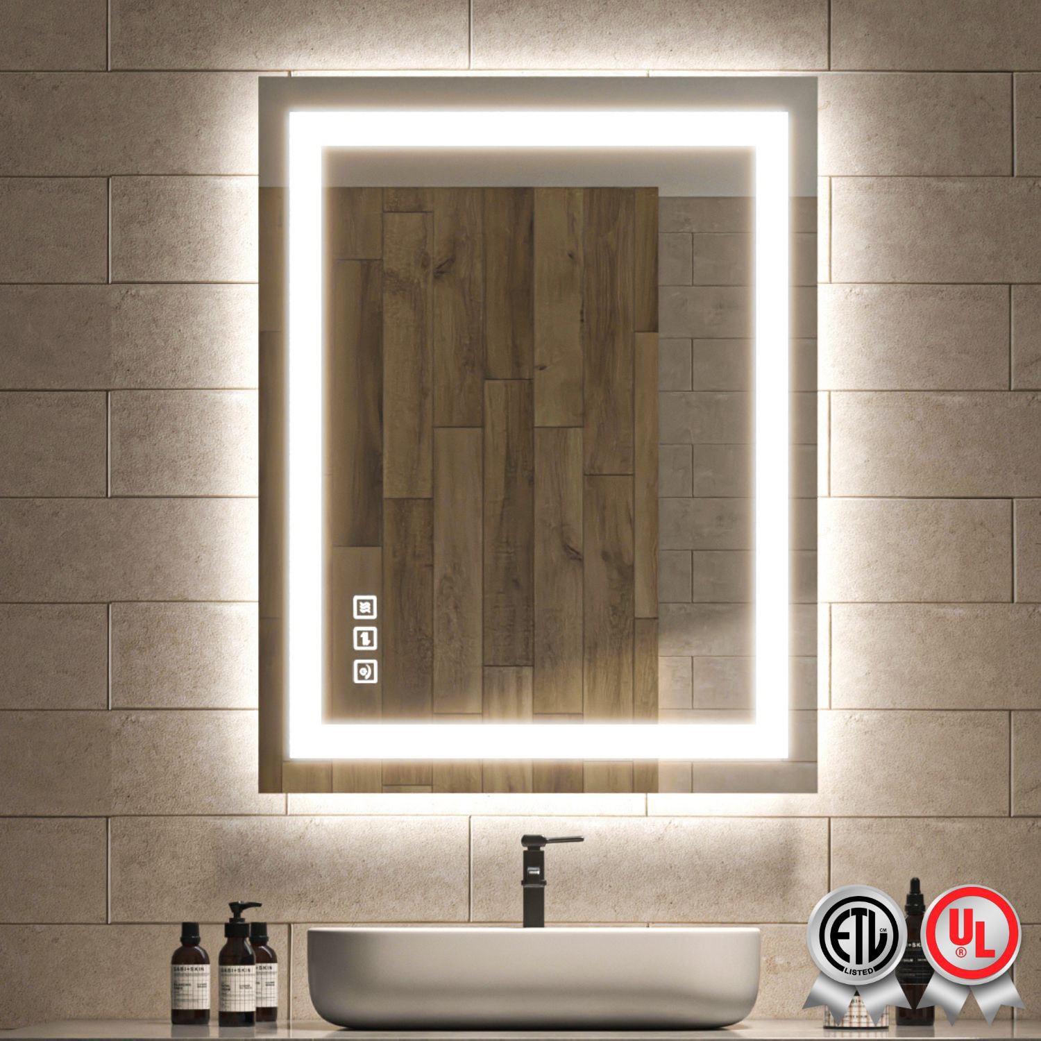 waterpar TKLO-2004 Backlit + Frontlit Tempered Glass 28-Inches x 36-Inches Polished Frameless Rectangle Dimmable LED Lighted Fog Free Bathroom Vanity Mirror ( Clear )