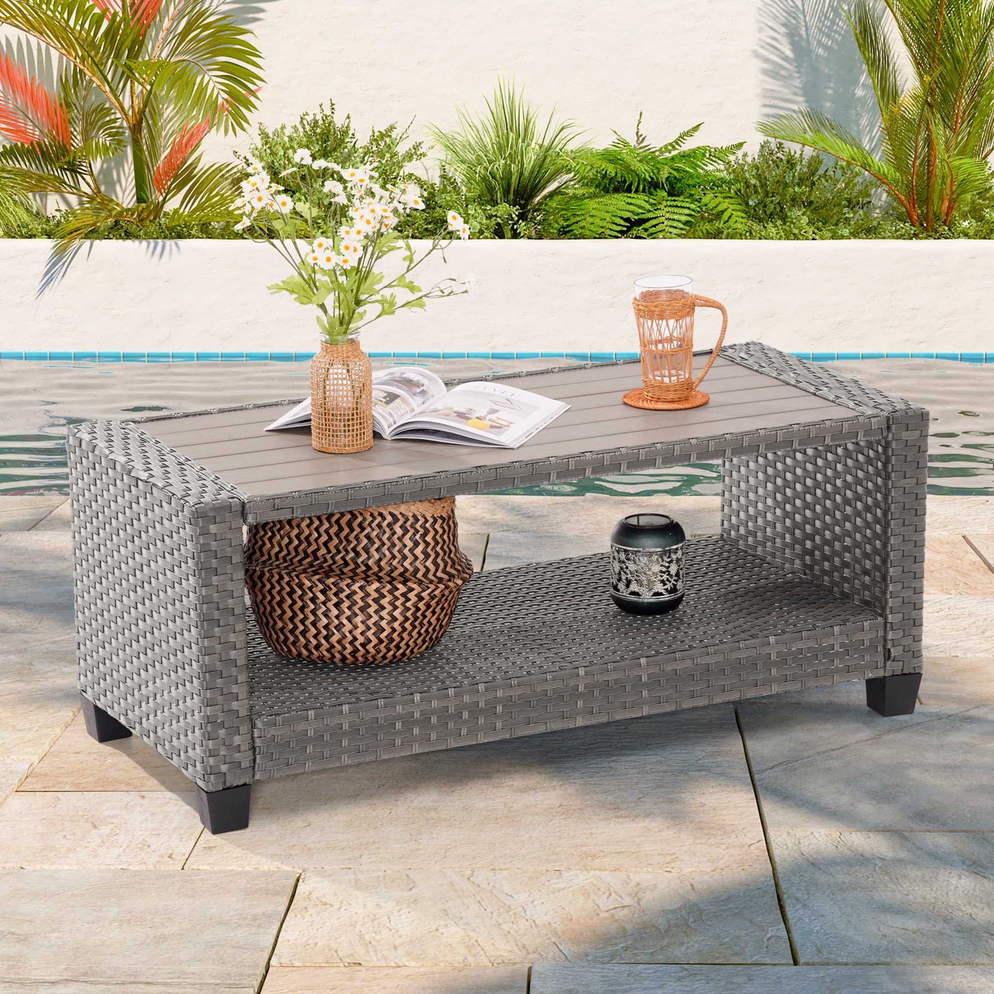 Sonkuki Patio Table Rectangle Wicker Outdoor Coffee Table 20.1-in W x 45.3-in L