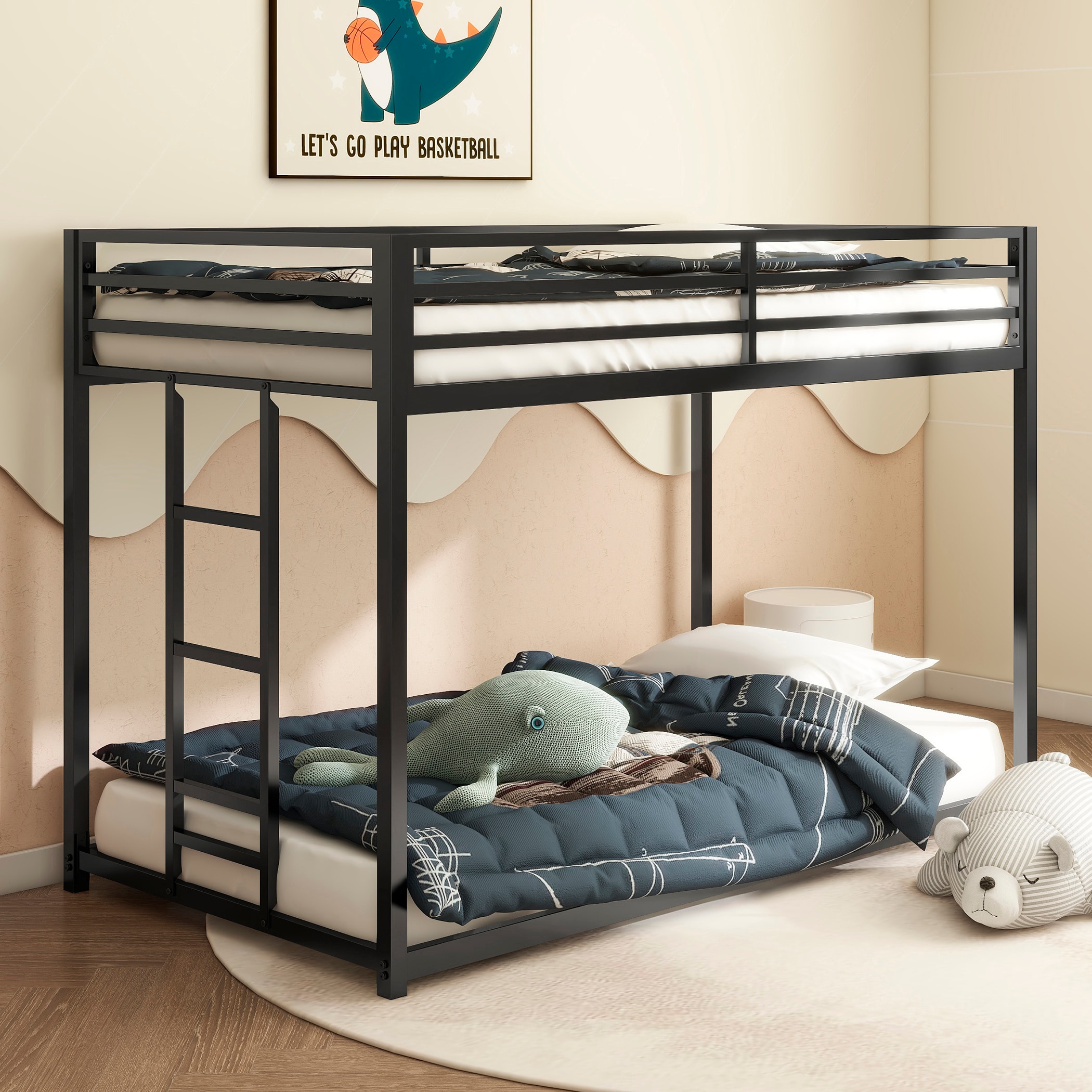 GDFStudio 319690 Adam Metal Bunk Sturdy Low Profile Twin Over Twin Black Bed