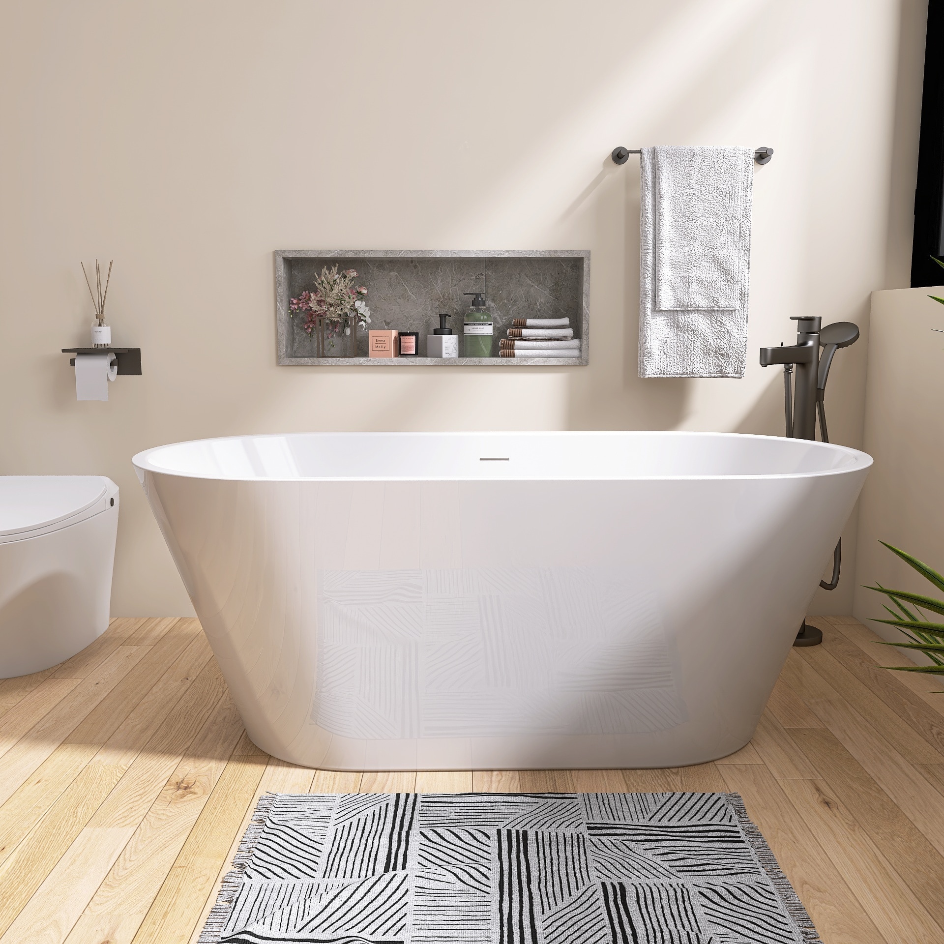 WELLFOR GTLSTWH07 55-in x 29.5-in Glossy White Acrylic Oval Freestanding Soaking Bathtub with Drain ( Center Drain )